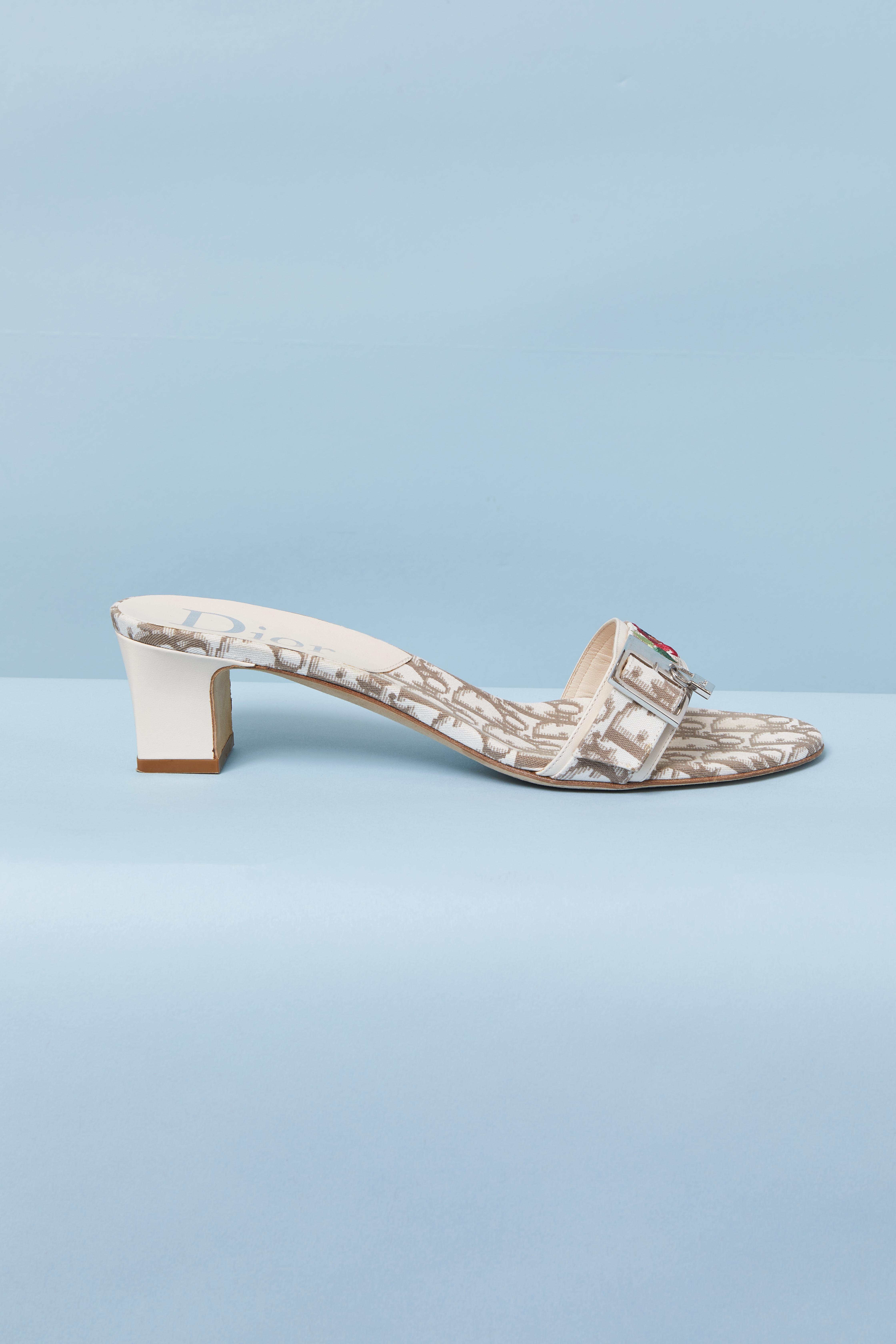 Beige Christian Dior mules in monogram canvas with embroidered rose For Sale