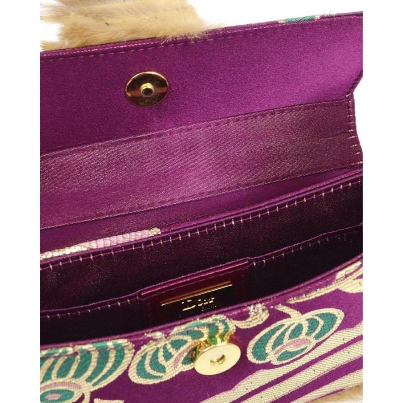Brown CHRISTIAN DIOR Multi Purple Cognac Fur Canvas Gold Wristlet Clutch Flap Bag