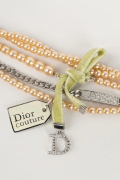 Christian Dior Multi-Row Pearl and Silver Plated Metal Bracelet
