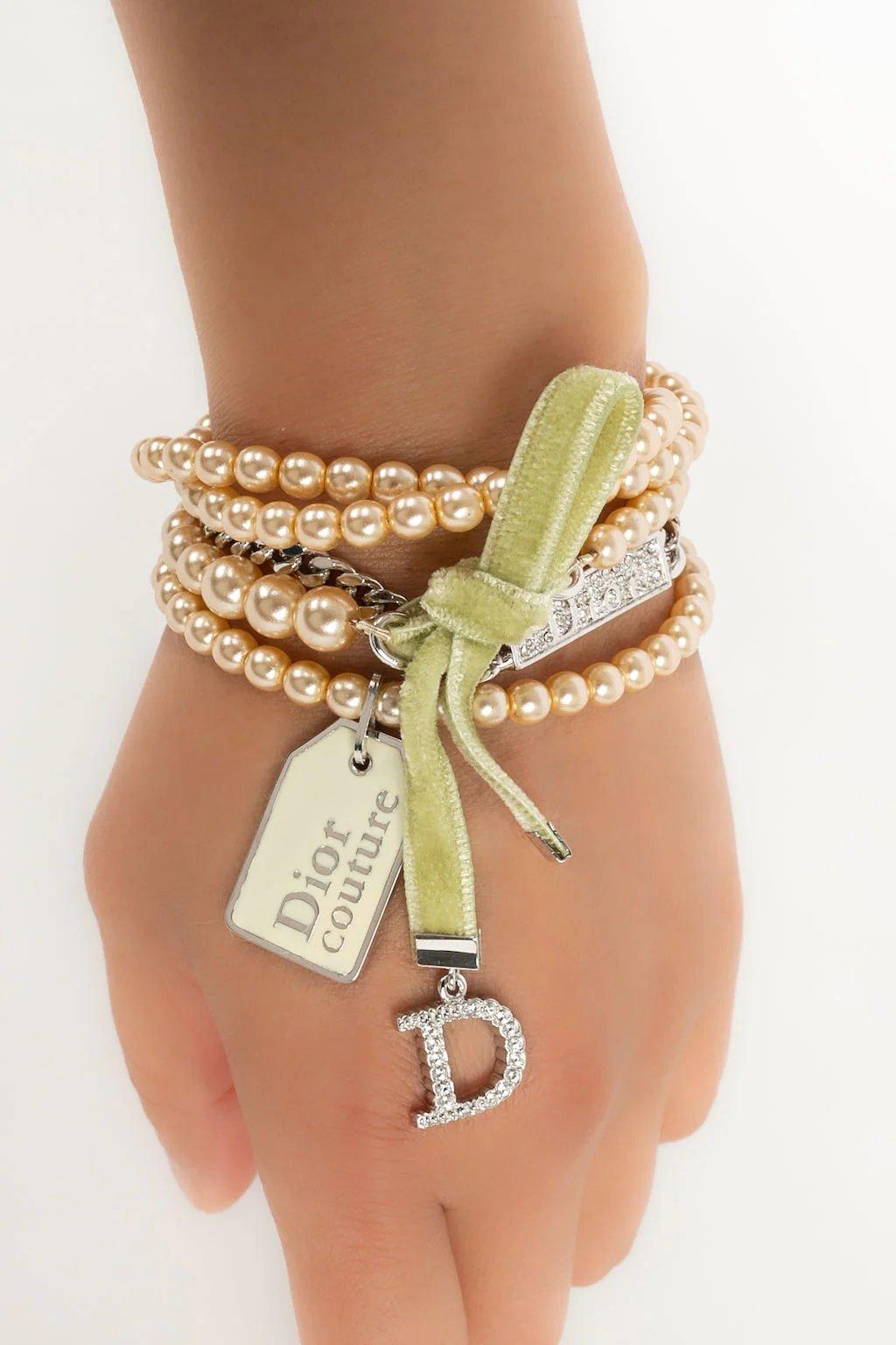 Women's Christian Dior Multi-Row Pearl and Silver Plated Metal Bracelet For Sale