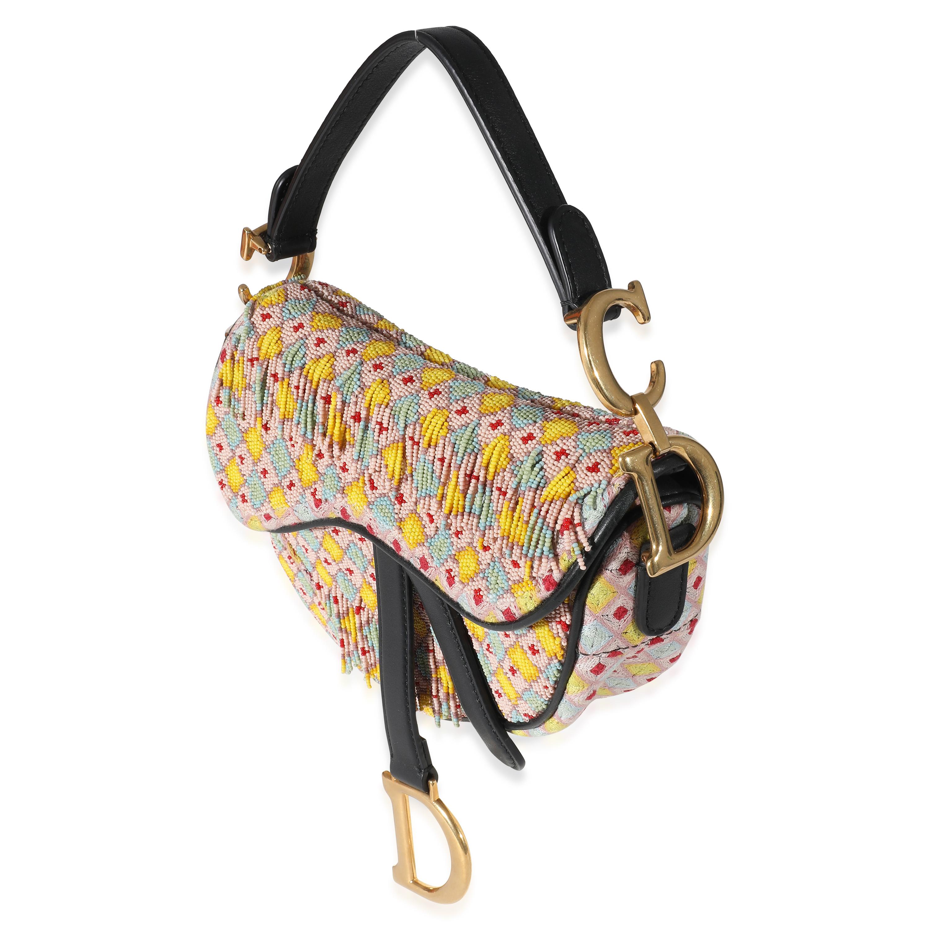 Beige Christian Dior Multicolor Beaded Tassel Micro Saddle Bag For Sale