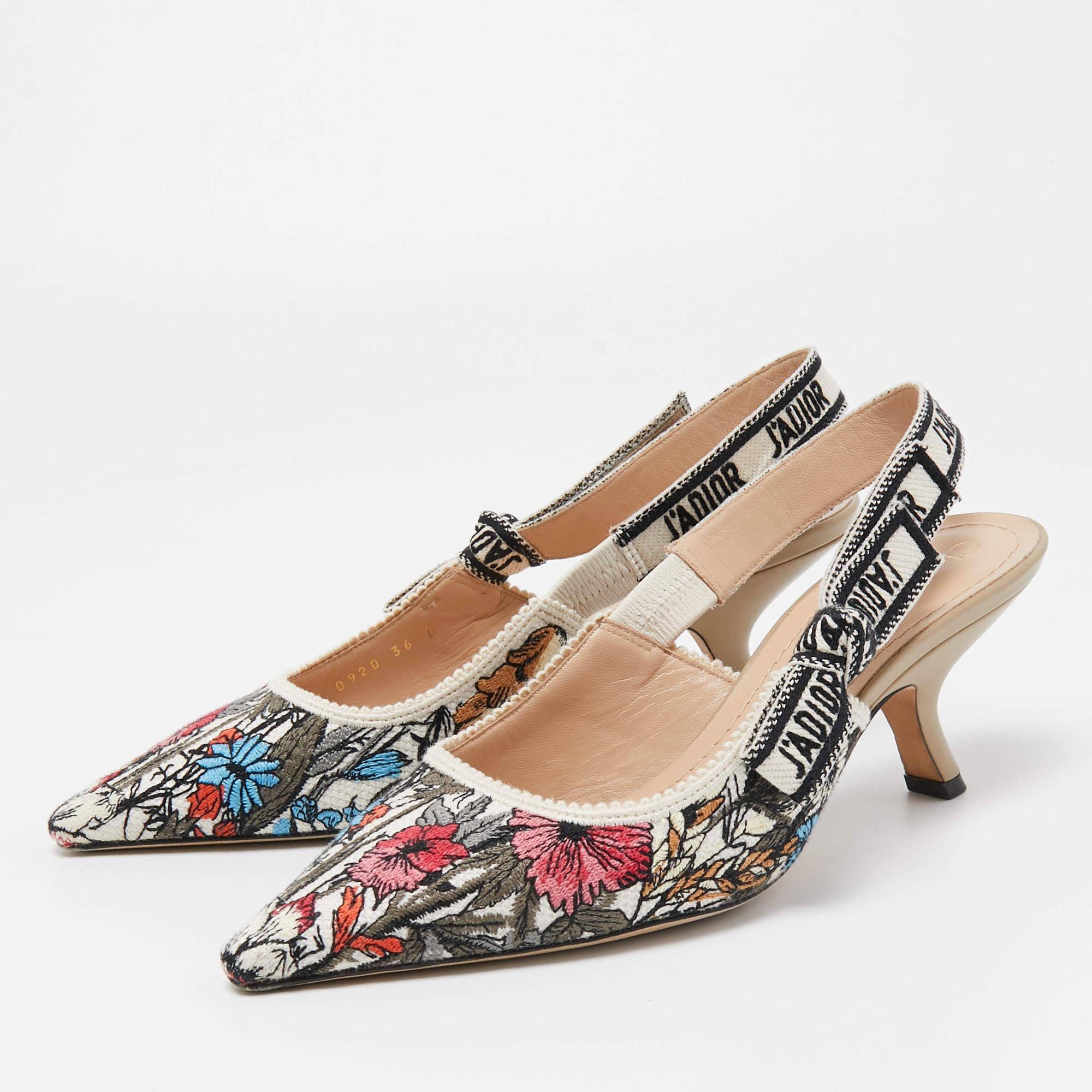 Women's Christian Dior Multicolor Floral Embroidered Canvas J'adior Slingback Pumps Size