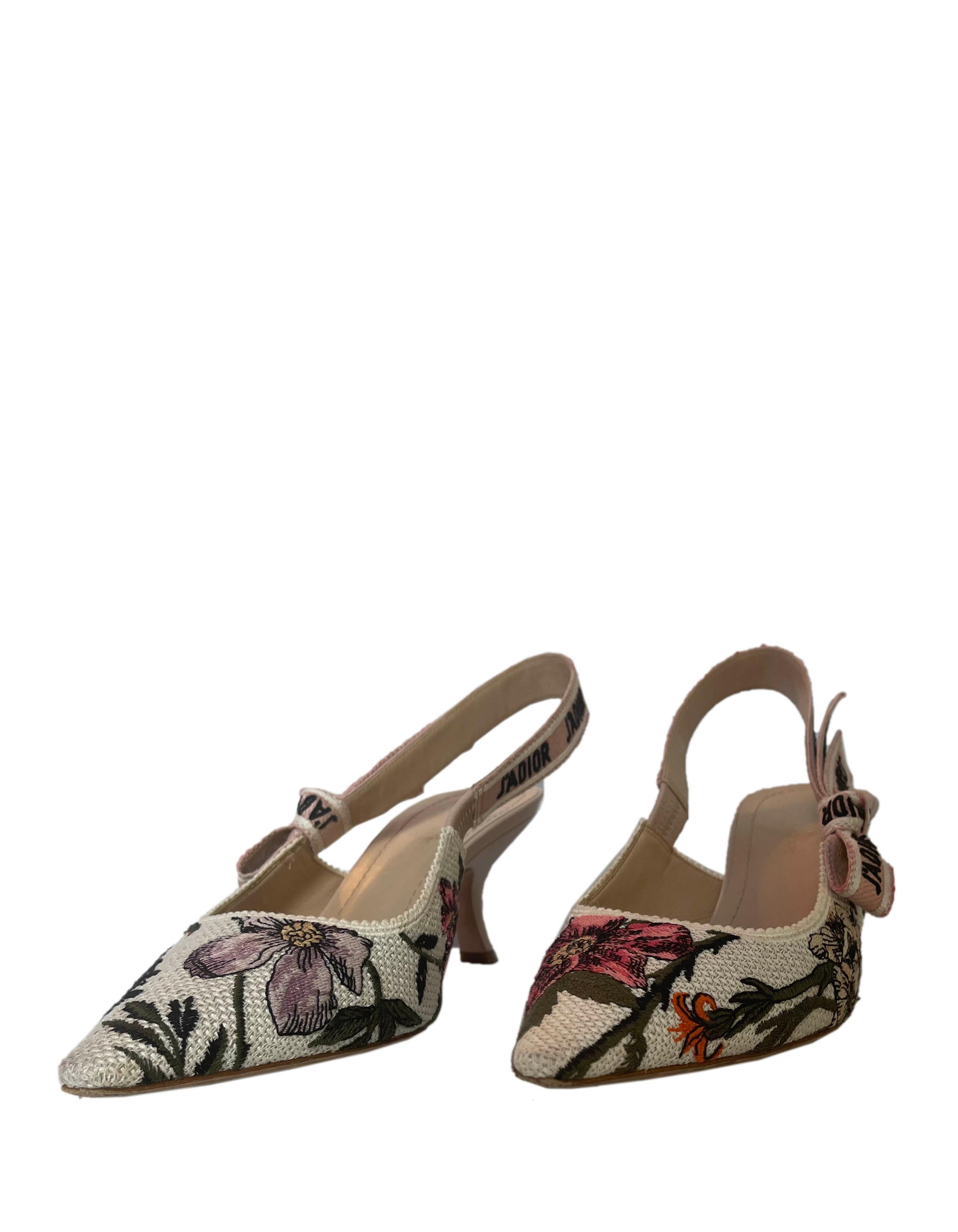 Christian Dior Multicolor Cotton with Rosa Mutabilis Embroidery J'ADIOR Slingback Pumps 

Made In: Italy 
Year of Production: 2020
Color: White with multicolor print and beige leather heels
Materials: Cotton, leather
Closure/Opening: Elastic