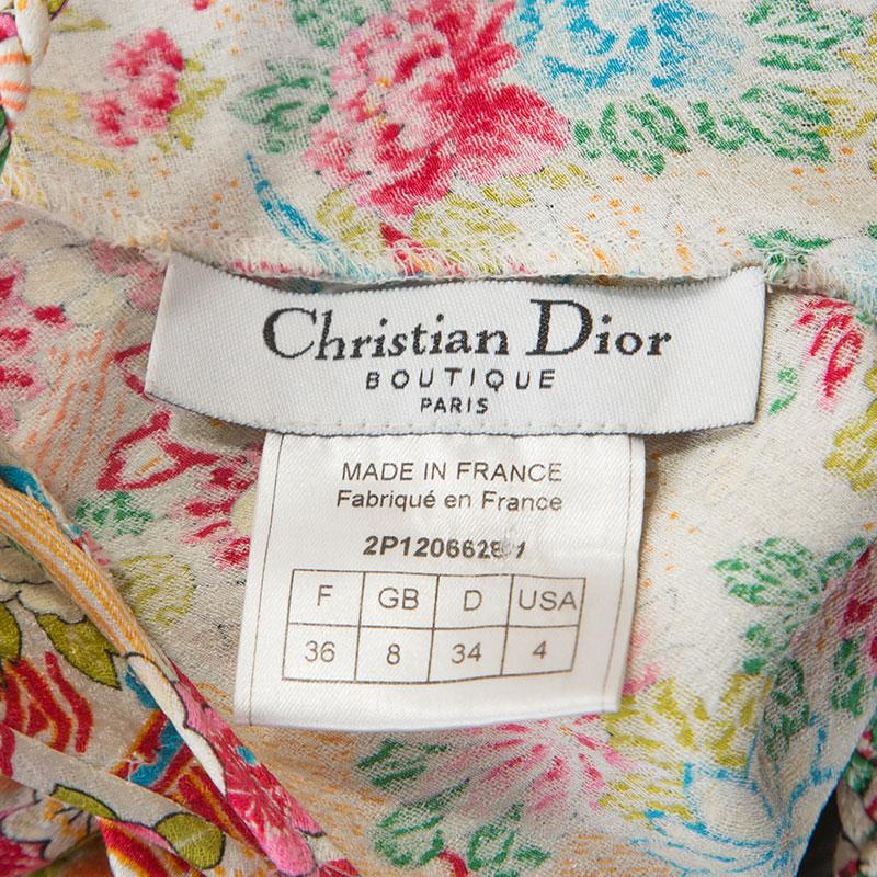 Beige Christian Dior Multicolor Floral Print Silk Slip Dress S