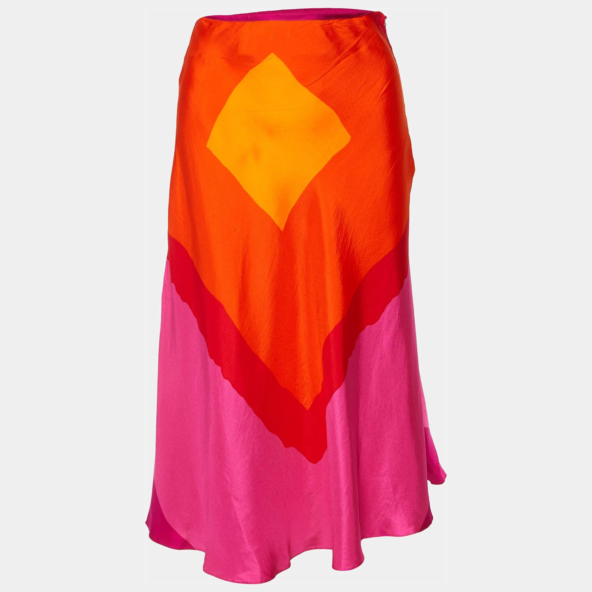 Christian Dior Multicolor Printed Silk Satin Midi Skirt L For Sale 2