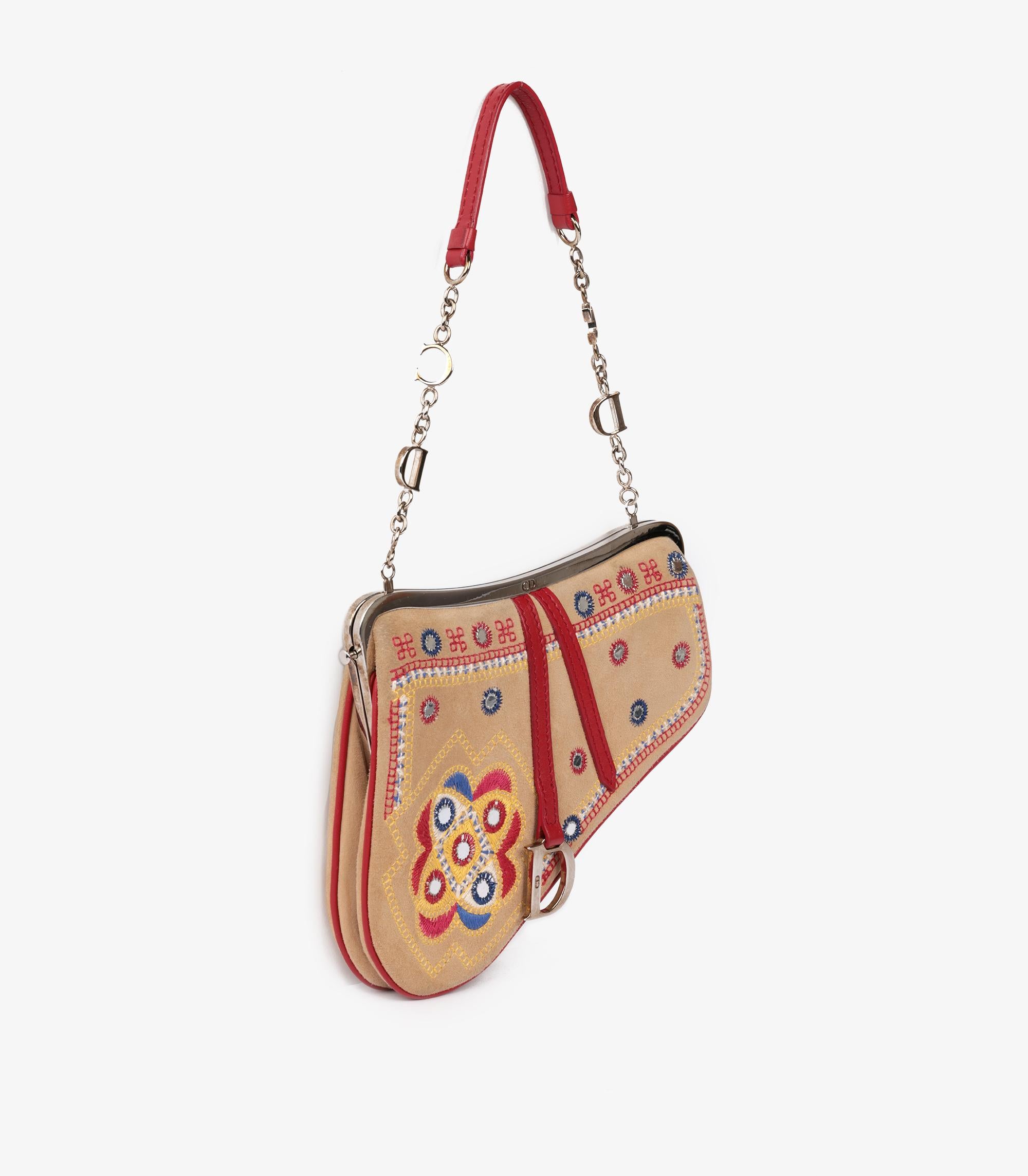 Brown Christian Dior Multicolour & Embellished Suede & Red Vintage Mini Saddle Bag