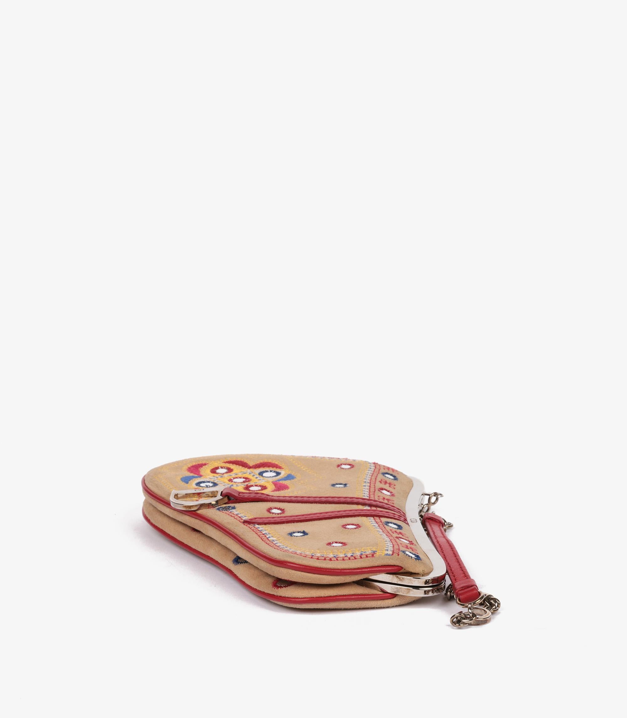 Women's Christian Dior Multicolour & Embellished Suede & Red Vintage Mini Saddle Bag