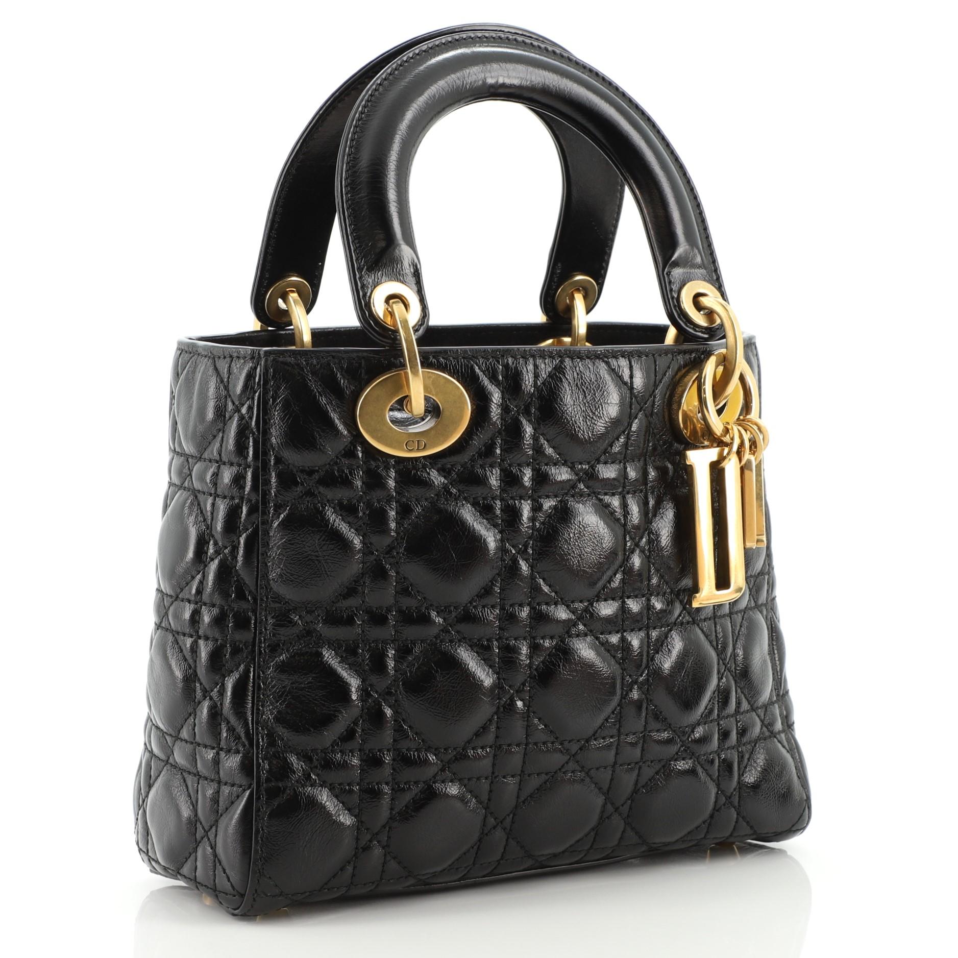 Black Christian Dior My Lady Dior Bag Cannage Quilted Crinkled Patent