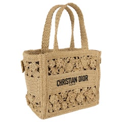 CHRISTIAN DIOR natural raffia 2023 FLORAL SMALL BOOK TOTE Bag