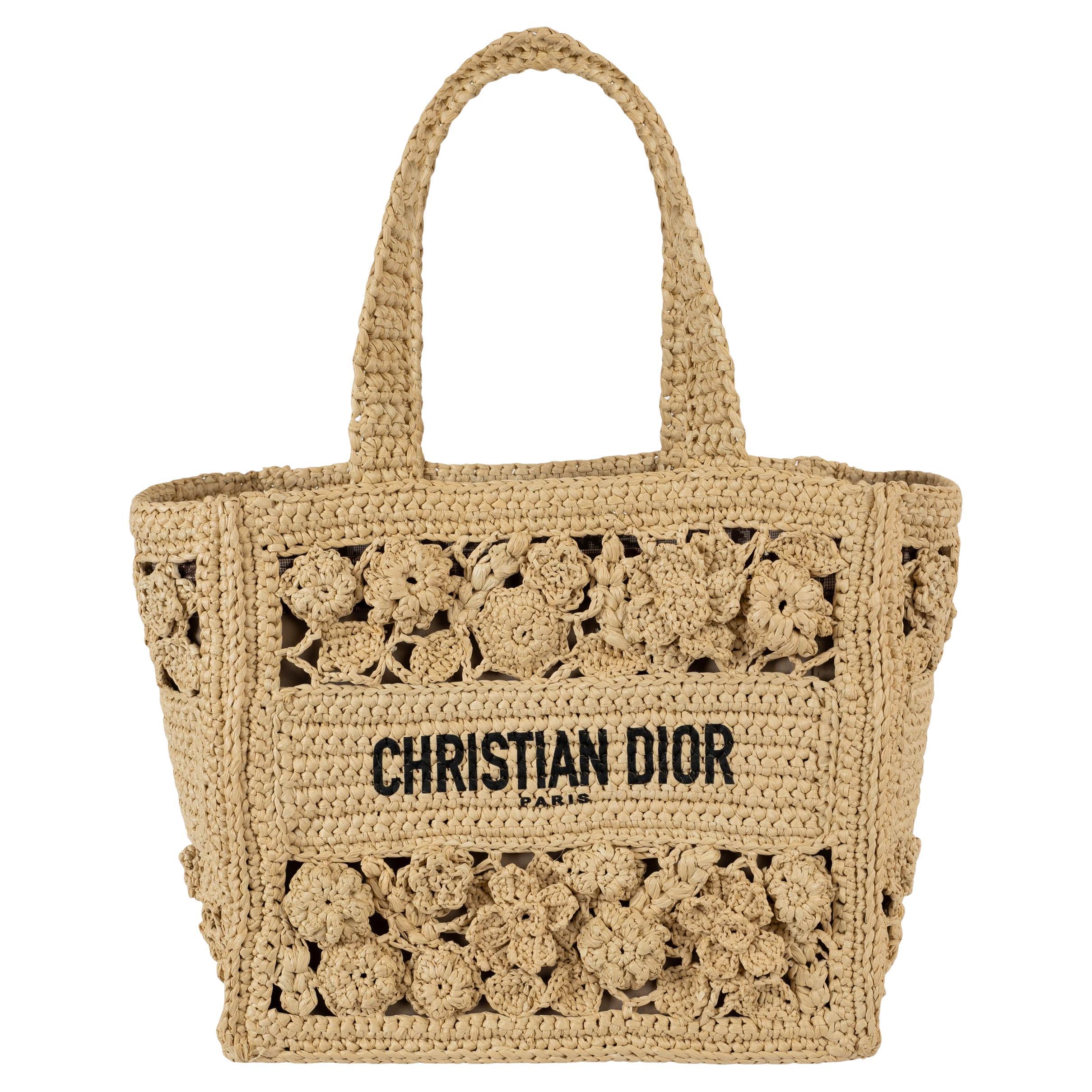 CHRISTIAN DIOR natural raffia 2023 FLORAL SMALL BOOK TOTE Bag