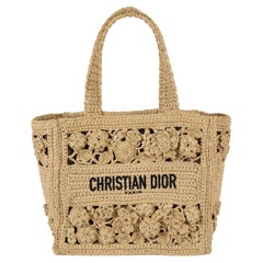 CHRISTIAN DIOR raphia naturel 2023 FLORAL SMALL BOOK TOTE Bag