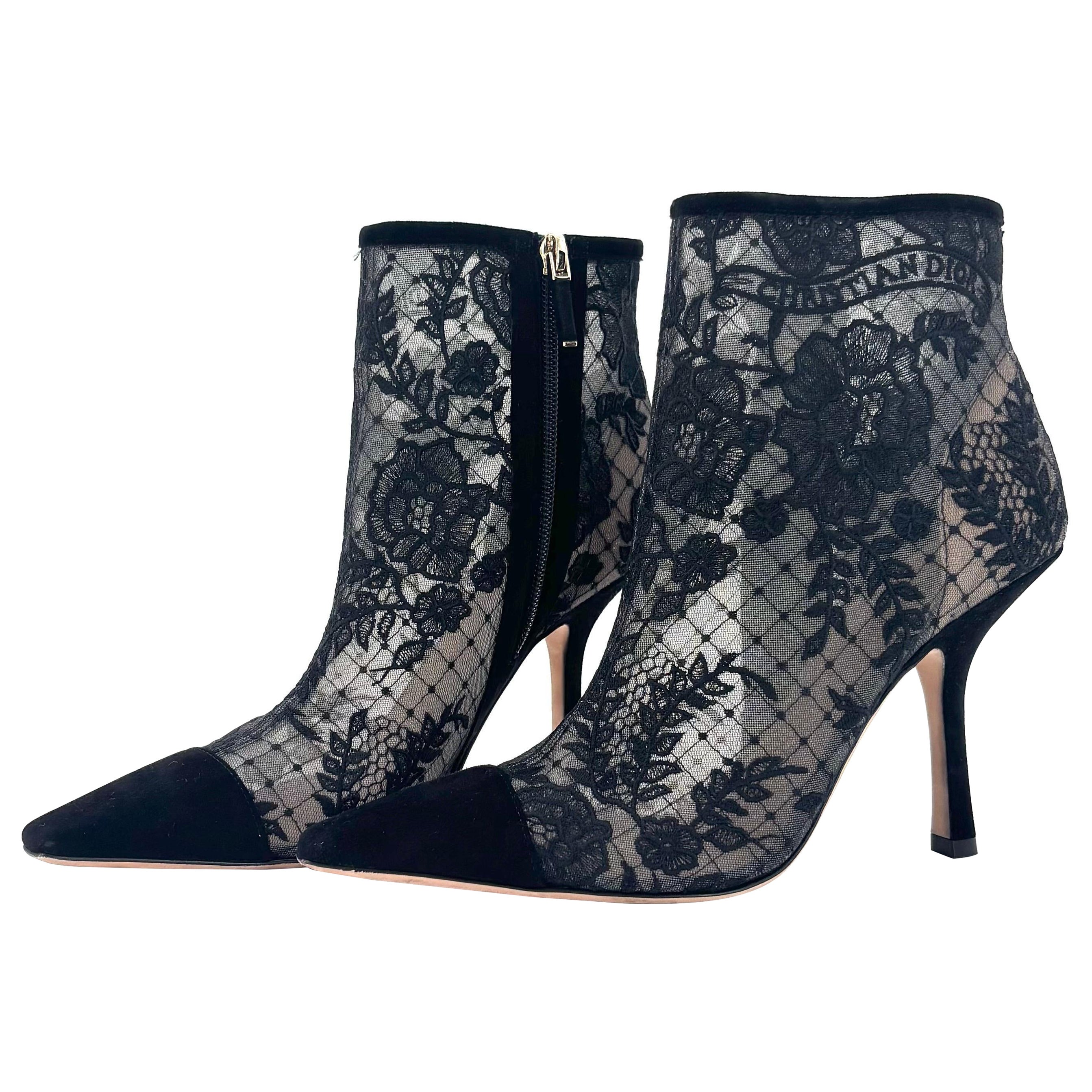 Christian Dior D Transparent Mesh Floral Embroidered Heeled Boots 38 en vente