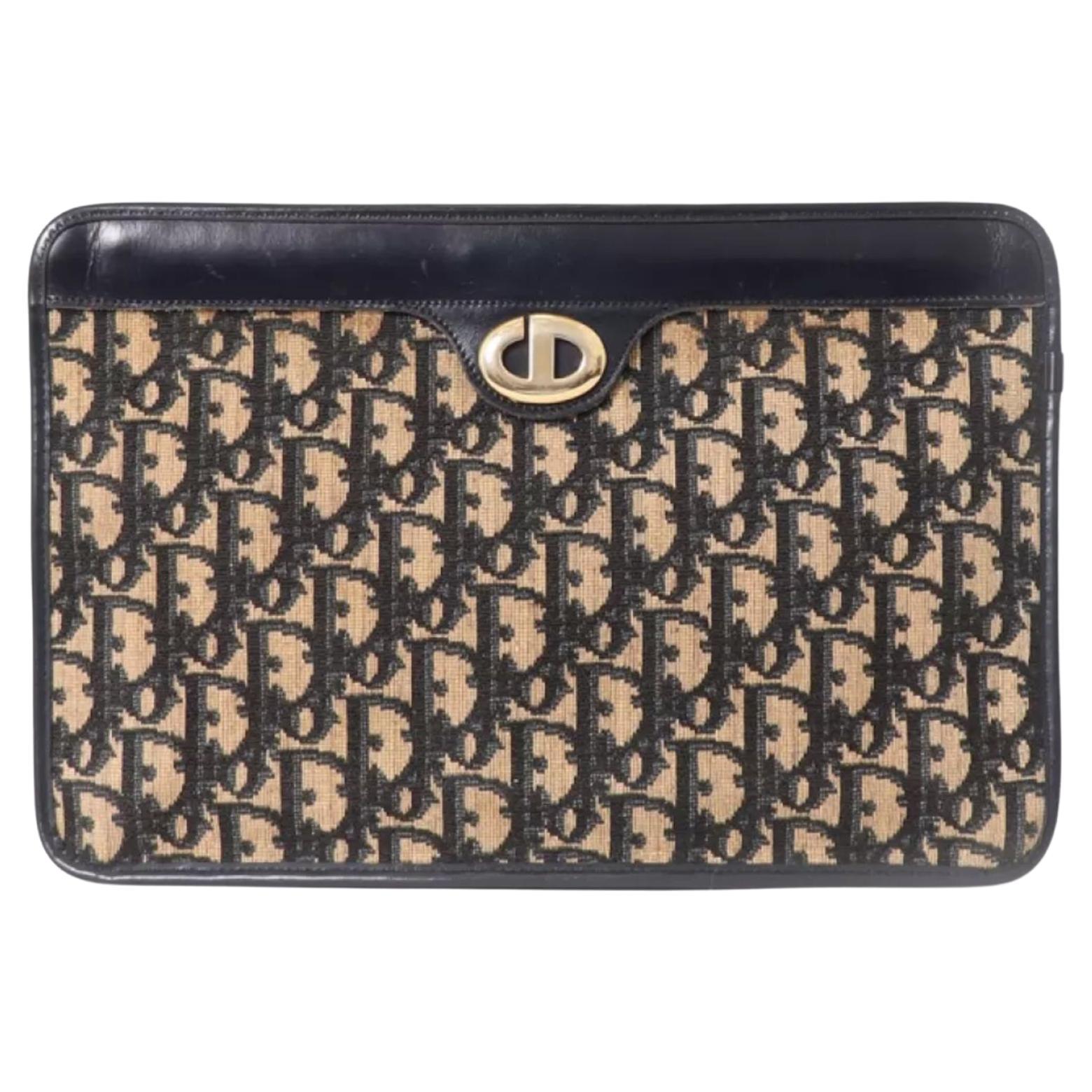 Christian Dior Marineblau 70er Jahre Oblique Canvas Clutch im Angebot