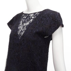 CHRISTIAN DIOR navy black lace overlay V back see through ruffle hem dress