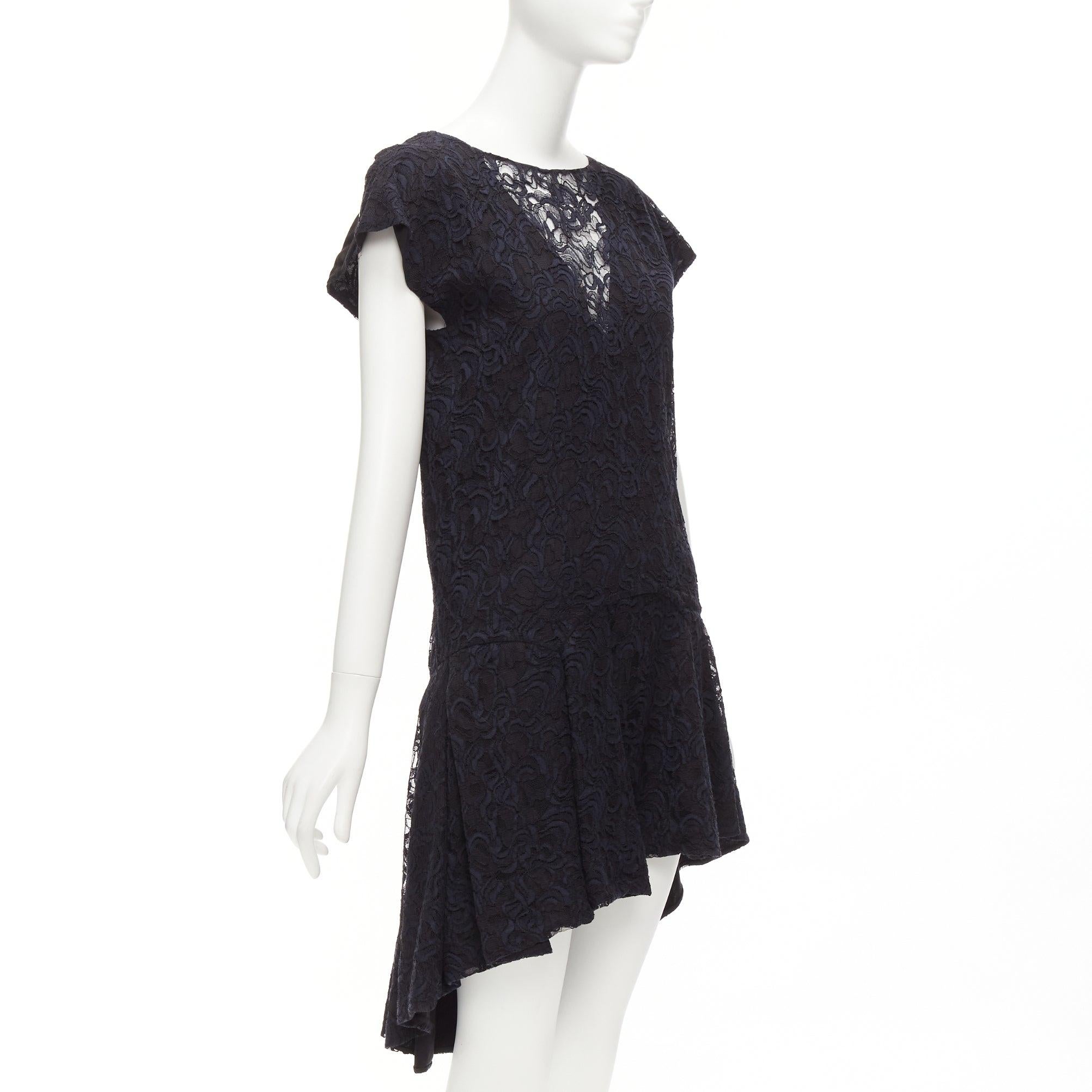 CHRISTIAN DIOR navy black lace overlay V back see through ruffle hem dress In Excellent Condition For Sale In Hong Kong, NT