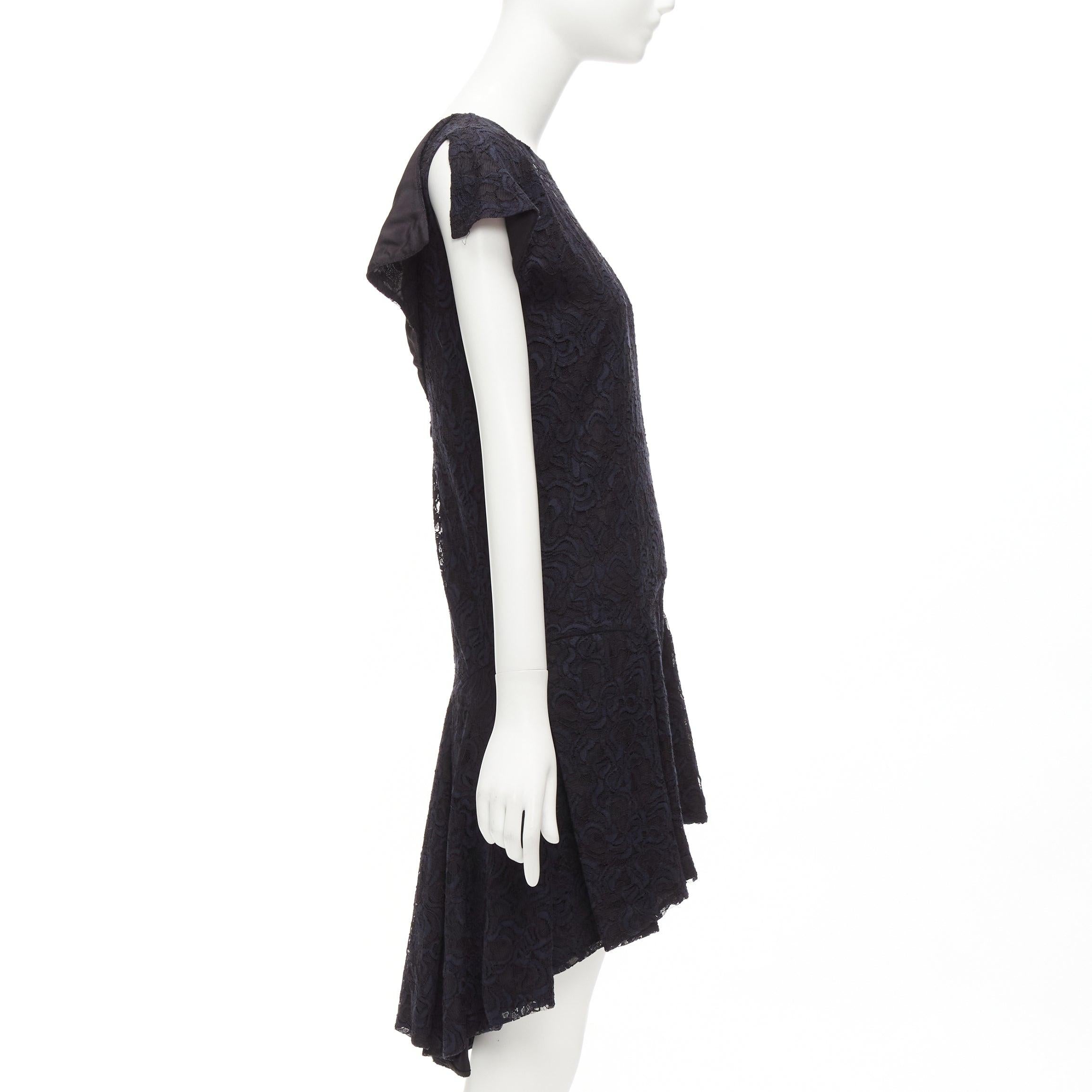 Women's CHRISTIAN DIOR navy black lace overlay V back see through ruffle hem dress For Sale