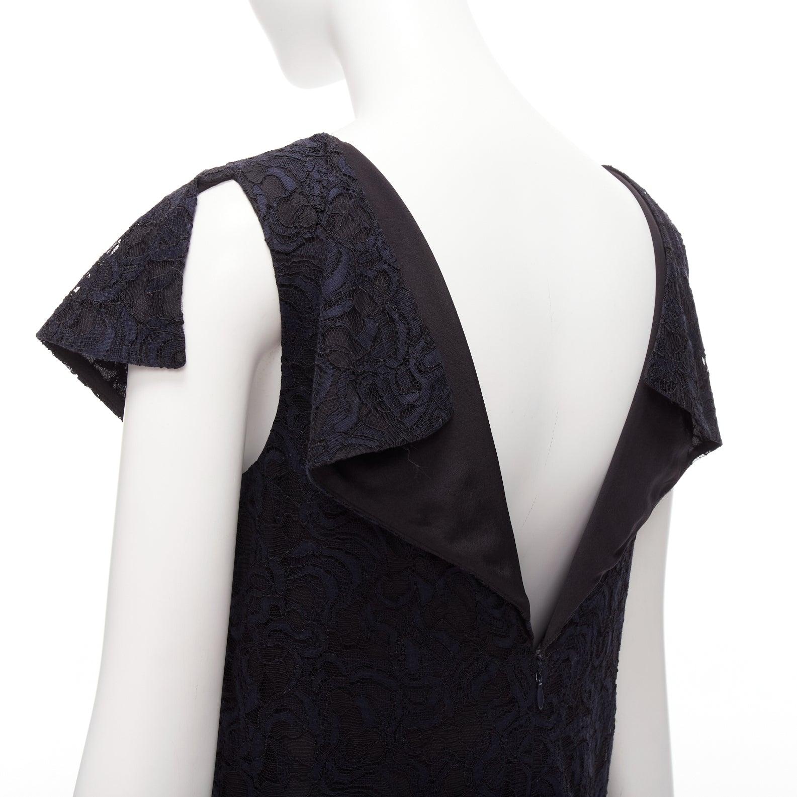 CHRISTIAN DIOR navy black lace overlay V back see through ruffle hem dress For Sale 3