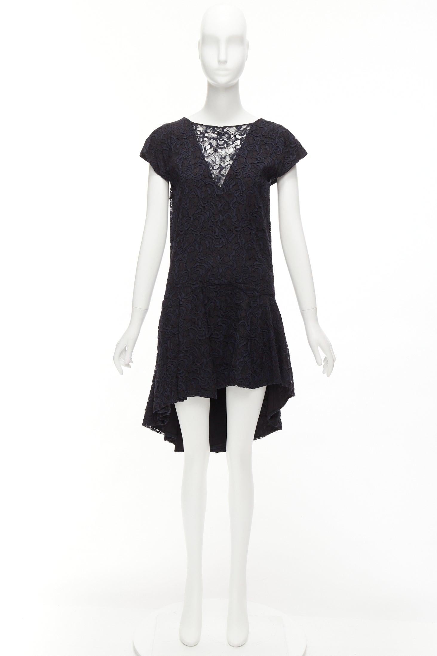 CHRISTIAN DIOR navy black lace overlay V back see through ruffle hem dress For Sale 5