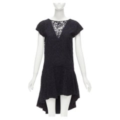 CHRISTIAN DIOR navy black lace overlay V back see through ruffle hem dress