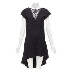 CHRISTIAN DIOR navy black lace overlay V back see through ruffle hem dress