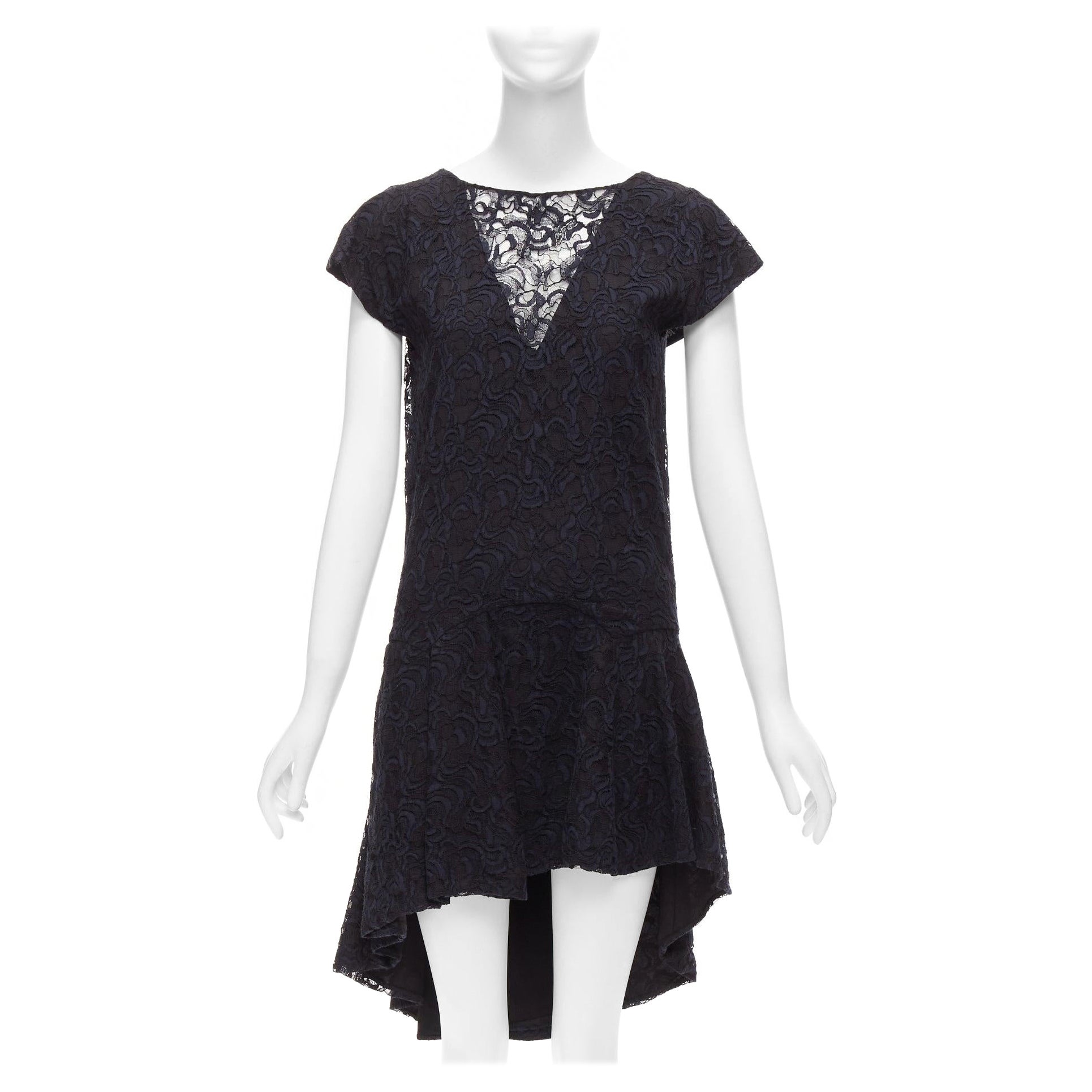 CHRISTIAN DIOR Marineblaues Kleid mit Spitzenüberzug und V-Rücken mit durchsichtigem Rüschensaum