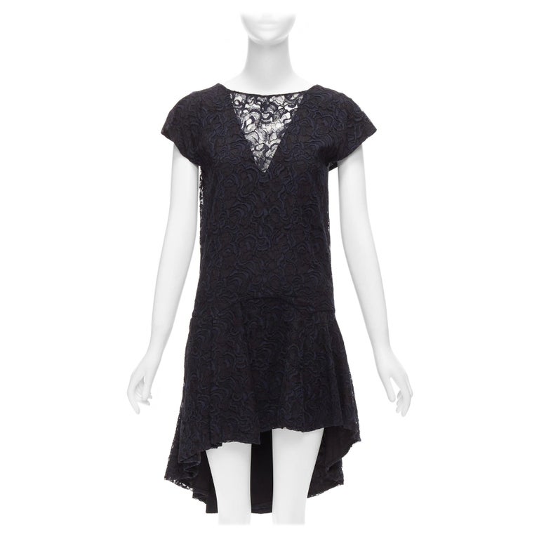 CHRISTIAN DIOR navy black lace overlay V back see through ruffle hem dress CHRISTIAN DIOR navy black lace overlay V back see through ruffle hem dress