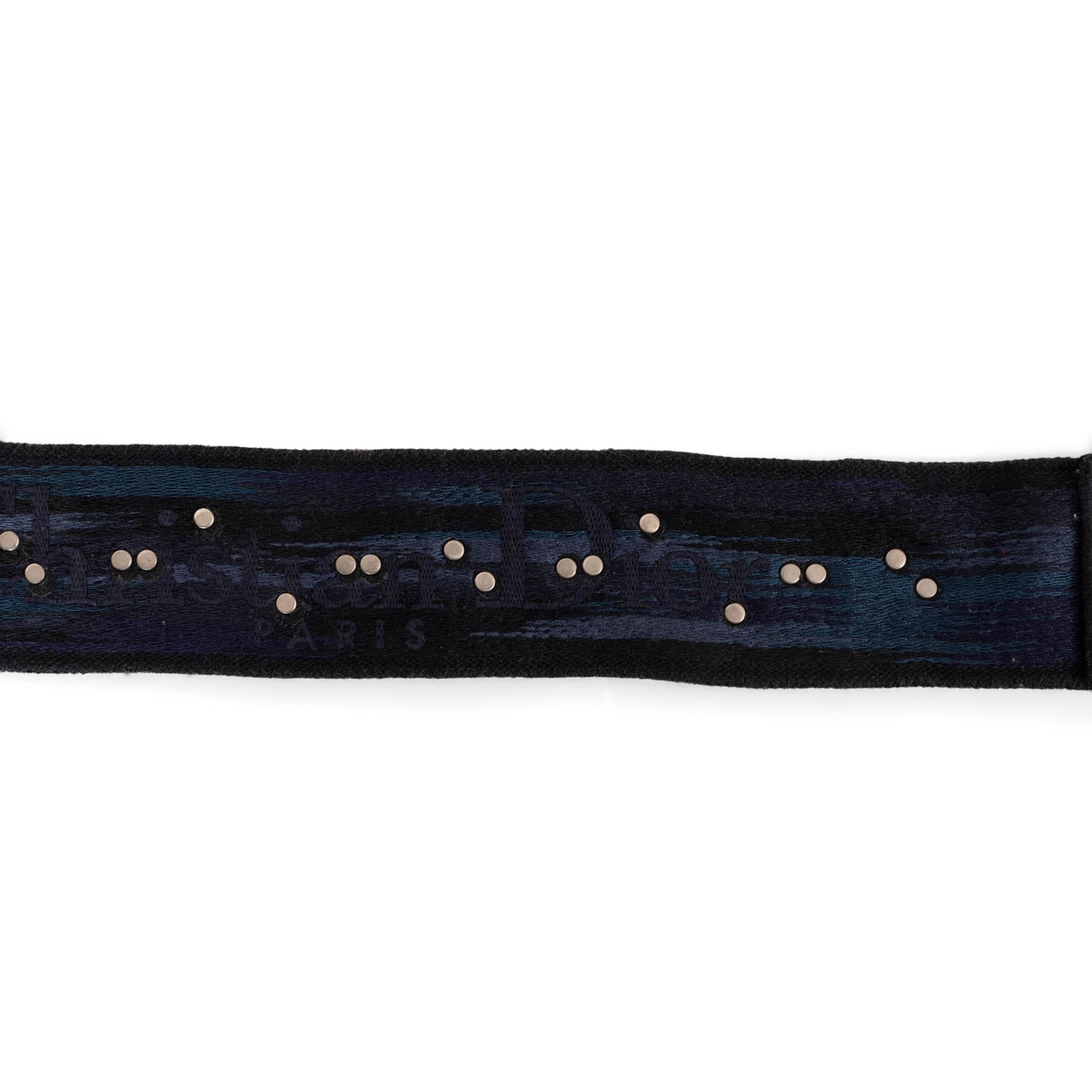 Women's CHRISTIAN DIOR navy blue 2018 WESTER STUDDED JACQUARD Canvas Bag Strap For Sale