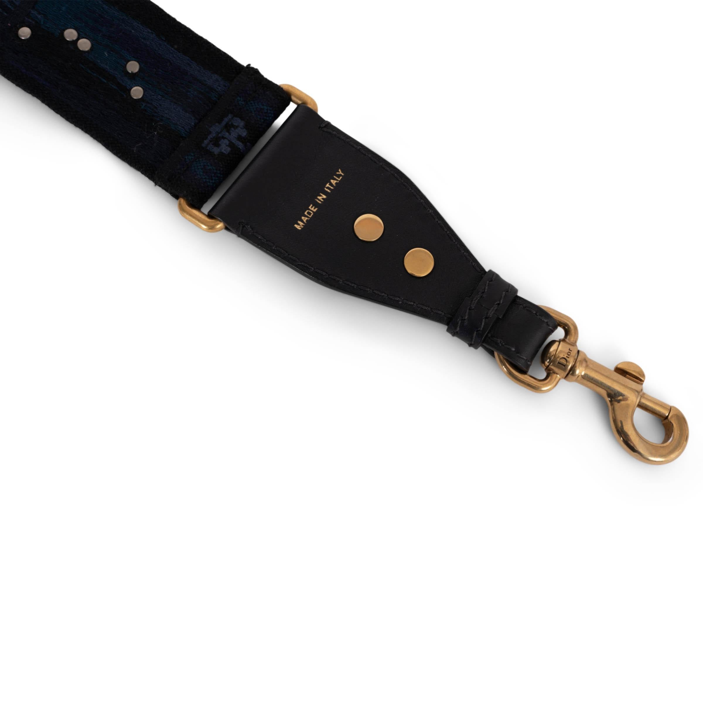 CHRISTIAN DIOR navy blue 2018 WESTER STUDDED JACQUARD Canvas Bag Strap For Sale 1