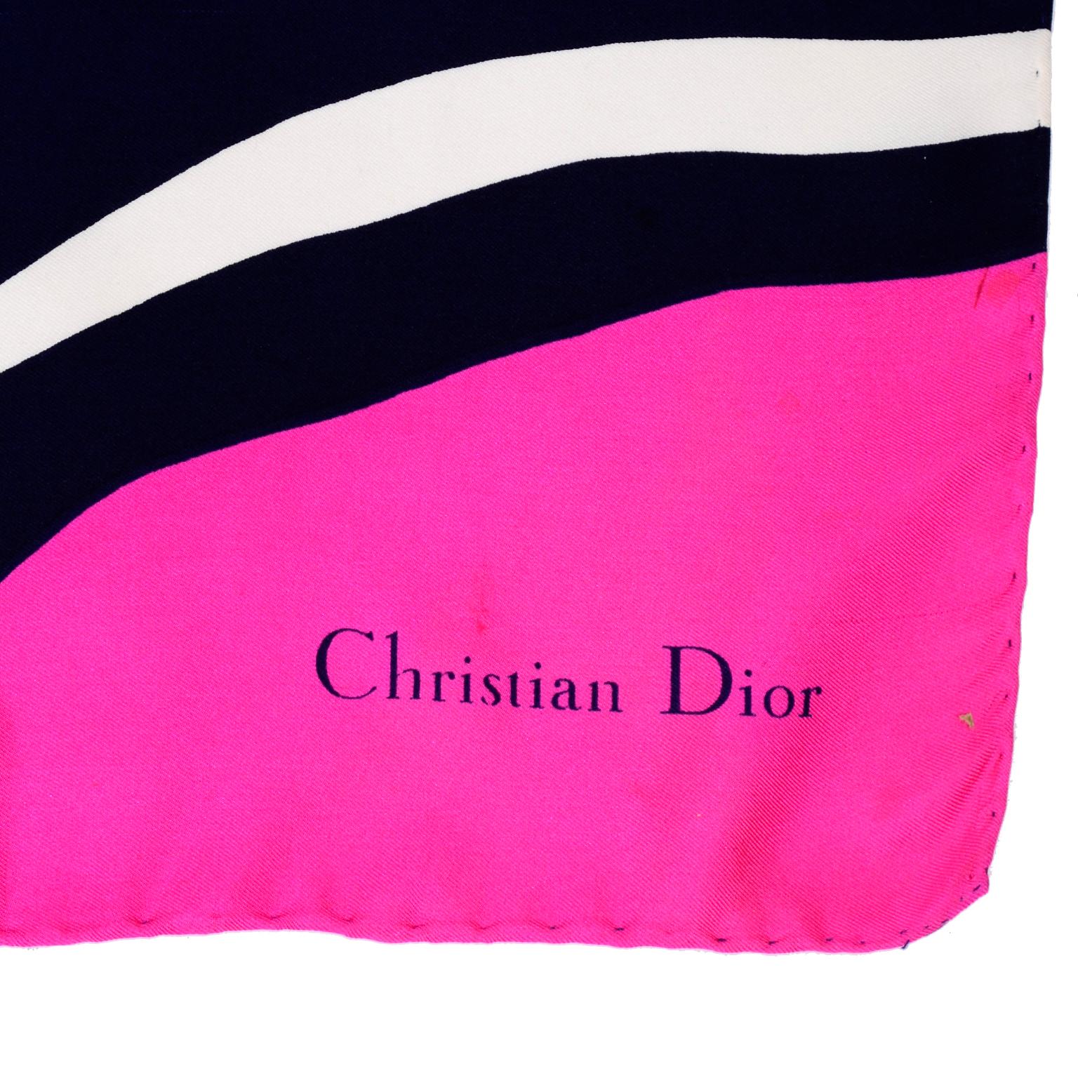 Christian Dior Navy Blue and Pink Abstract Floral Silk Scarf For Sale 1