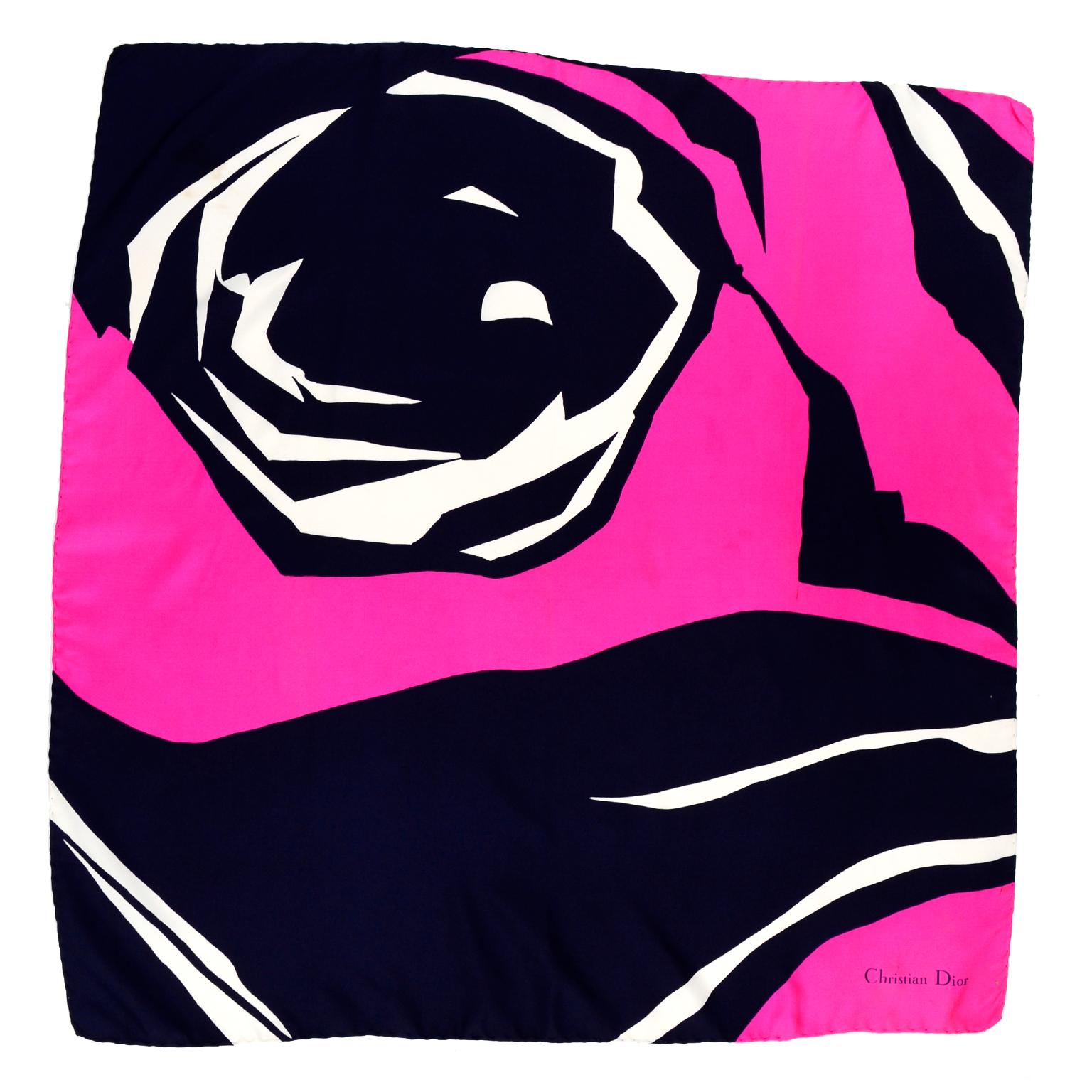 Christian Dior Navy Blue and Pink Abstract Floral Silk Scarf For Sale
