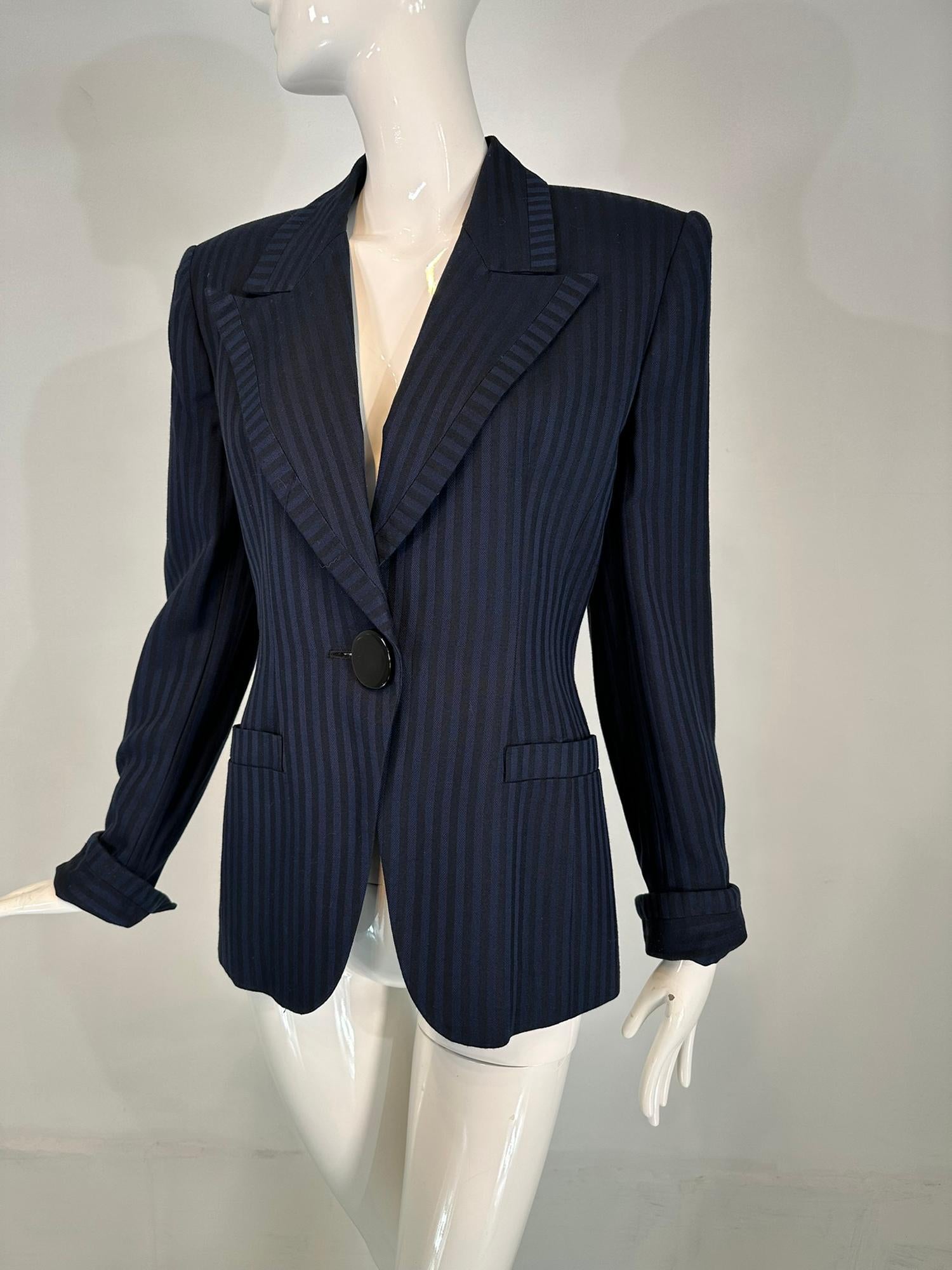Christian Dior Navy Blue & Black Wide Stripe Wool Twill Jacket Late 90s-2000s 4 For Sale 10