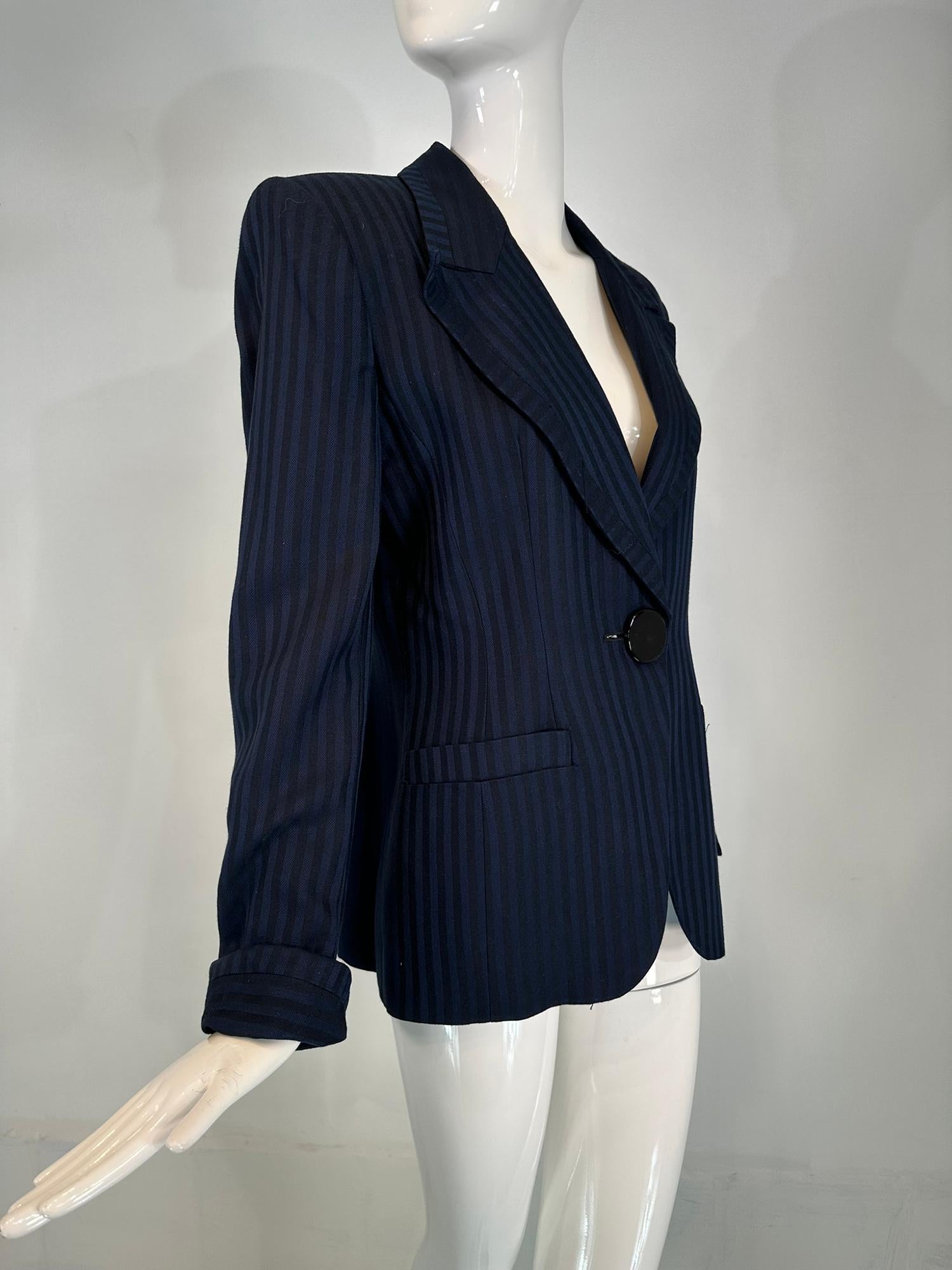 Christian Dior Navy Blue & Black Wide Stripe Wool Twill Jacket Late 90s-2000s 4 In Good Condition For Sale In West Palm Beach, FL