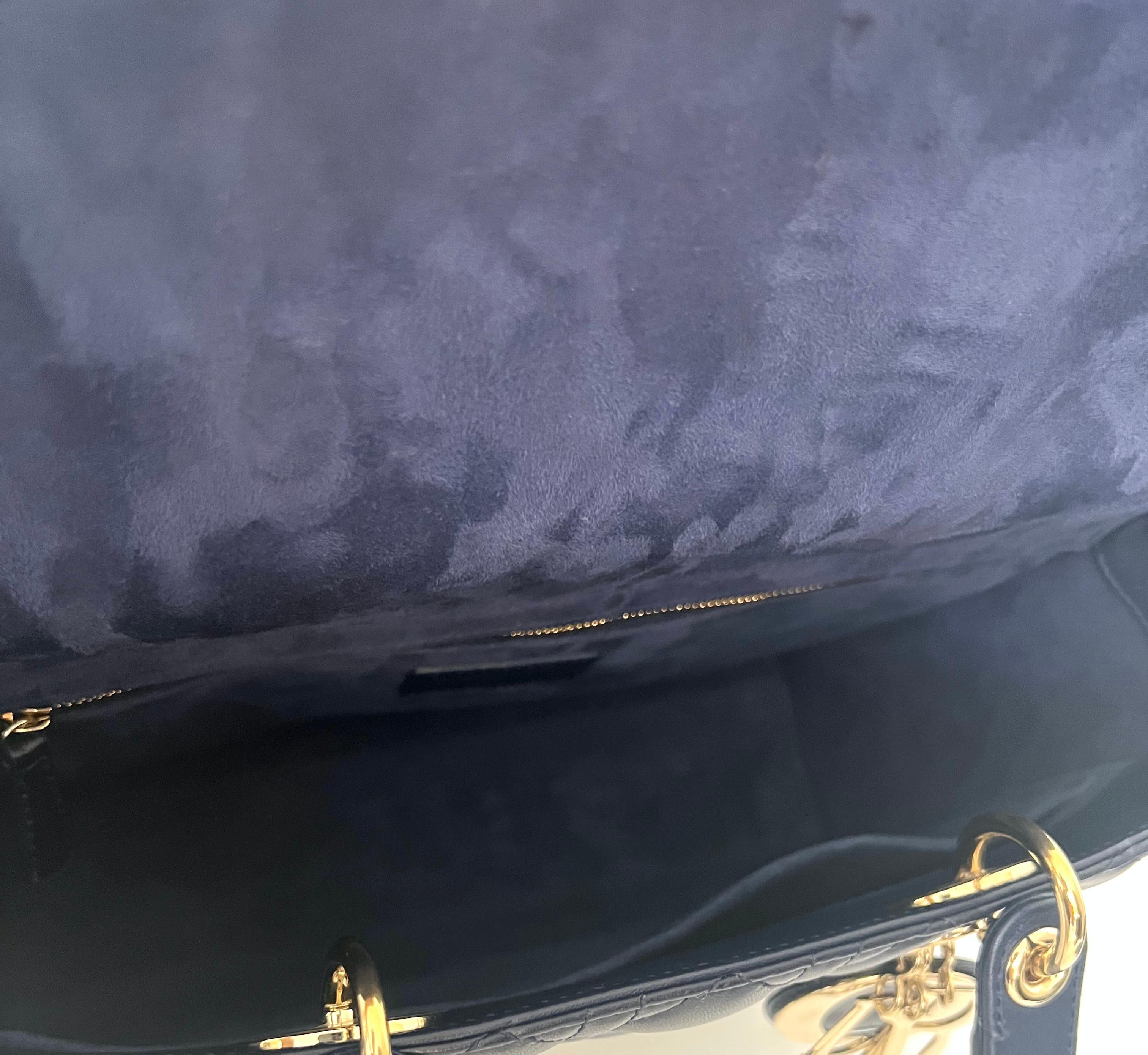 CHRISTIAN DIOR Navy Blue Cannage Large Lady Dior Gold Top Handles Shoulder Strap 4