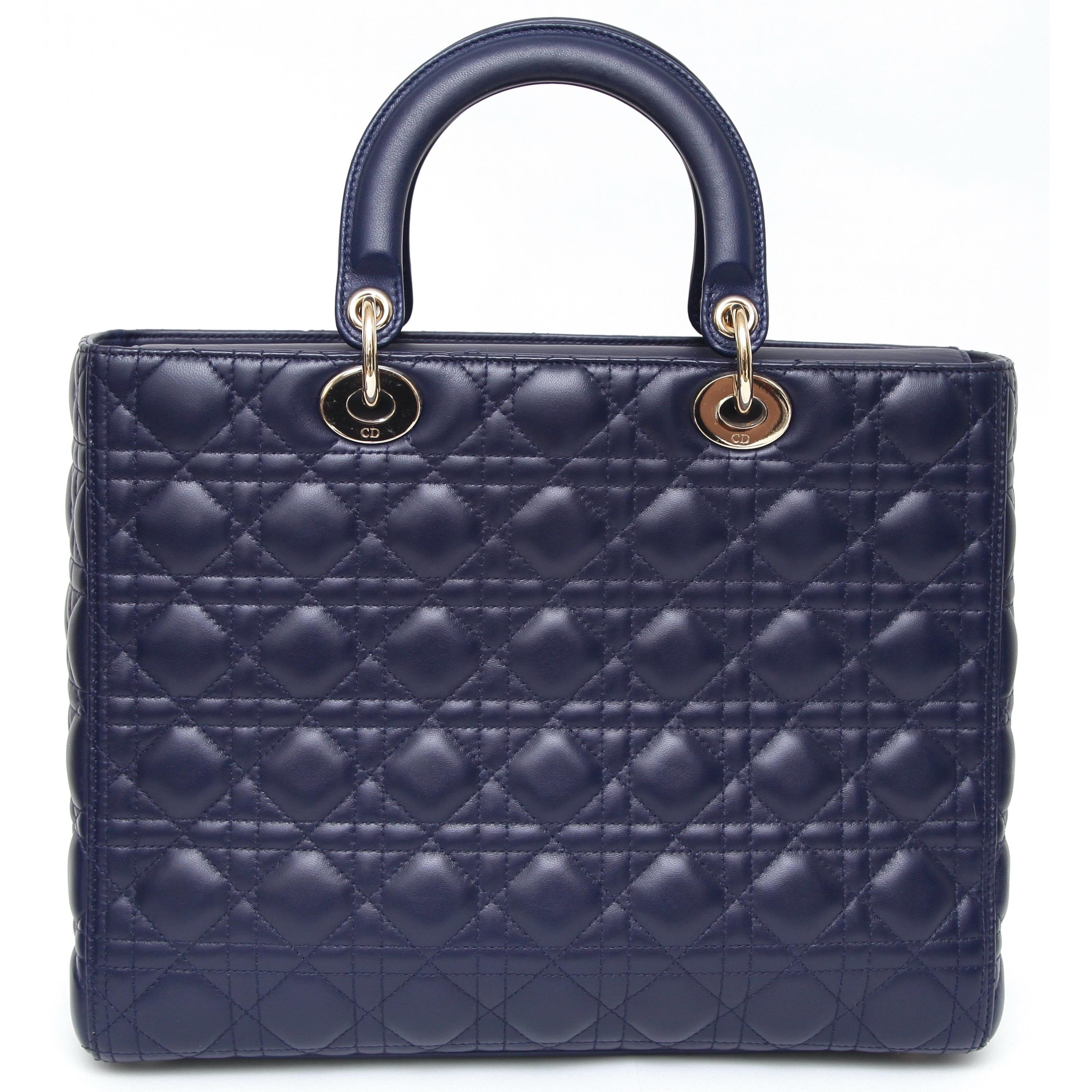 Black CHRISTIAN DIOR Navy Blue Cannage Large Lady Dior Gold Top Handles Shoulder Strap
