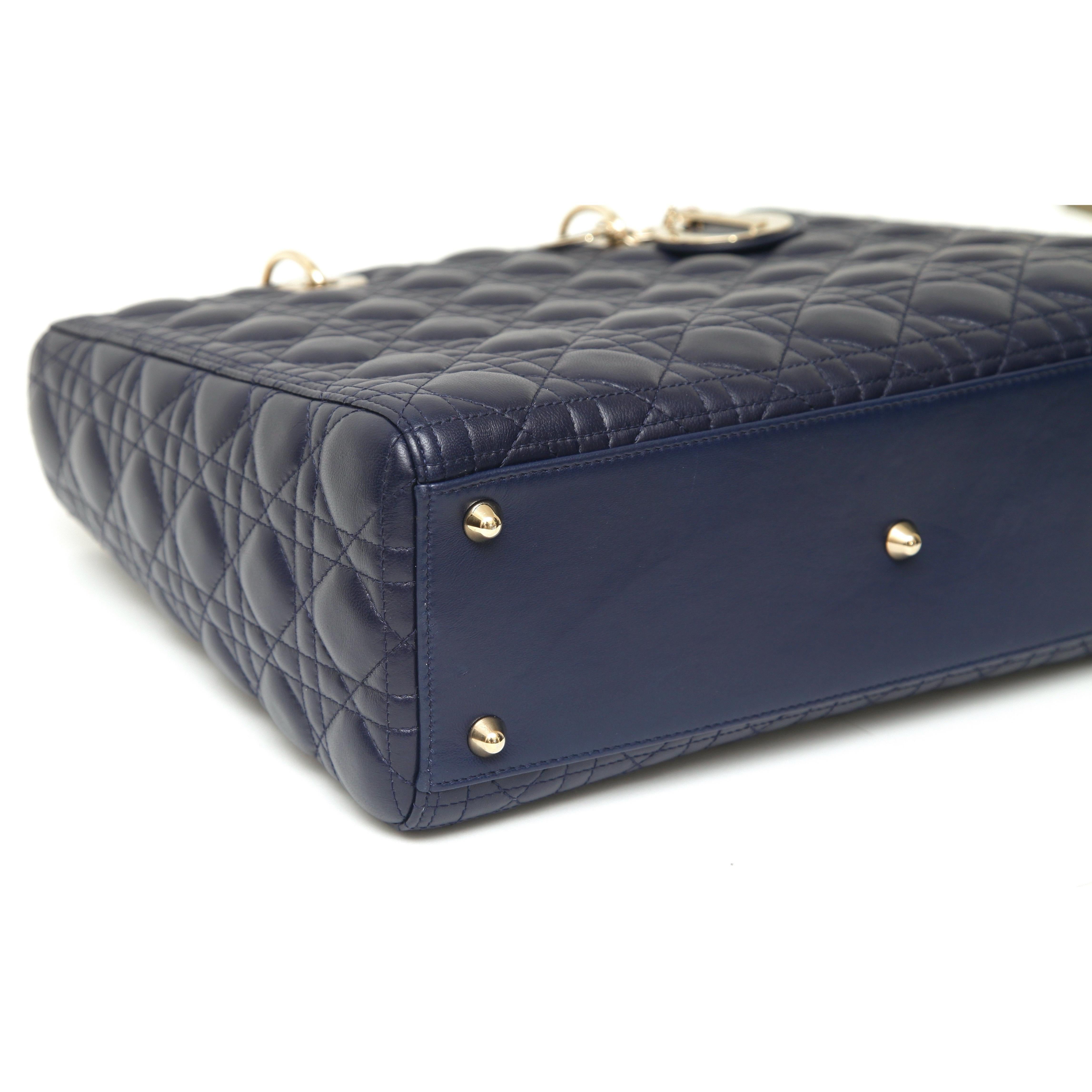 CHRISTIAN DIOR Navy Blue Cannage Large Lady Dior Gold Top Handles Shoulder Strap In Excellent Condition In Hollywood, FL