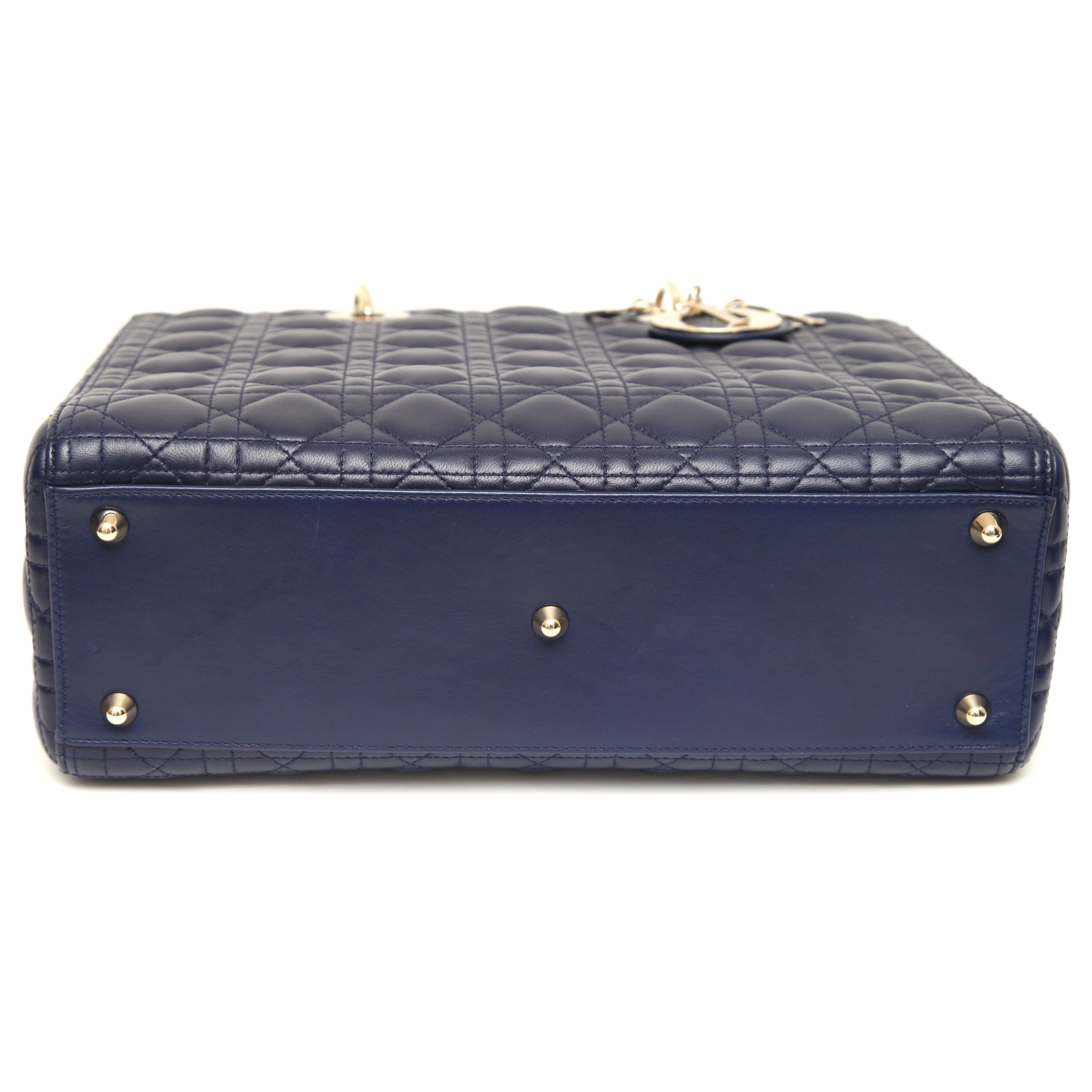 Women's CHRISTIAN DIOR Navy Blue Cannage Large Lady Dior Gold Top Handles Shoulder Strap