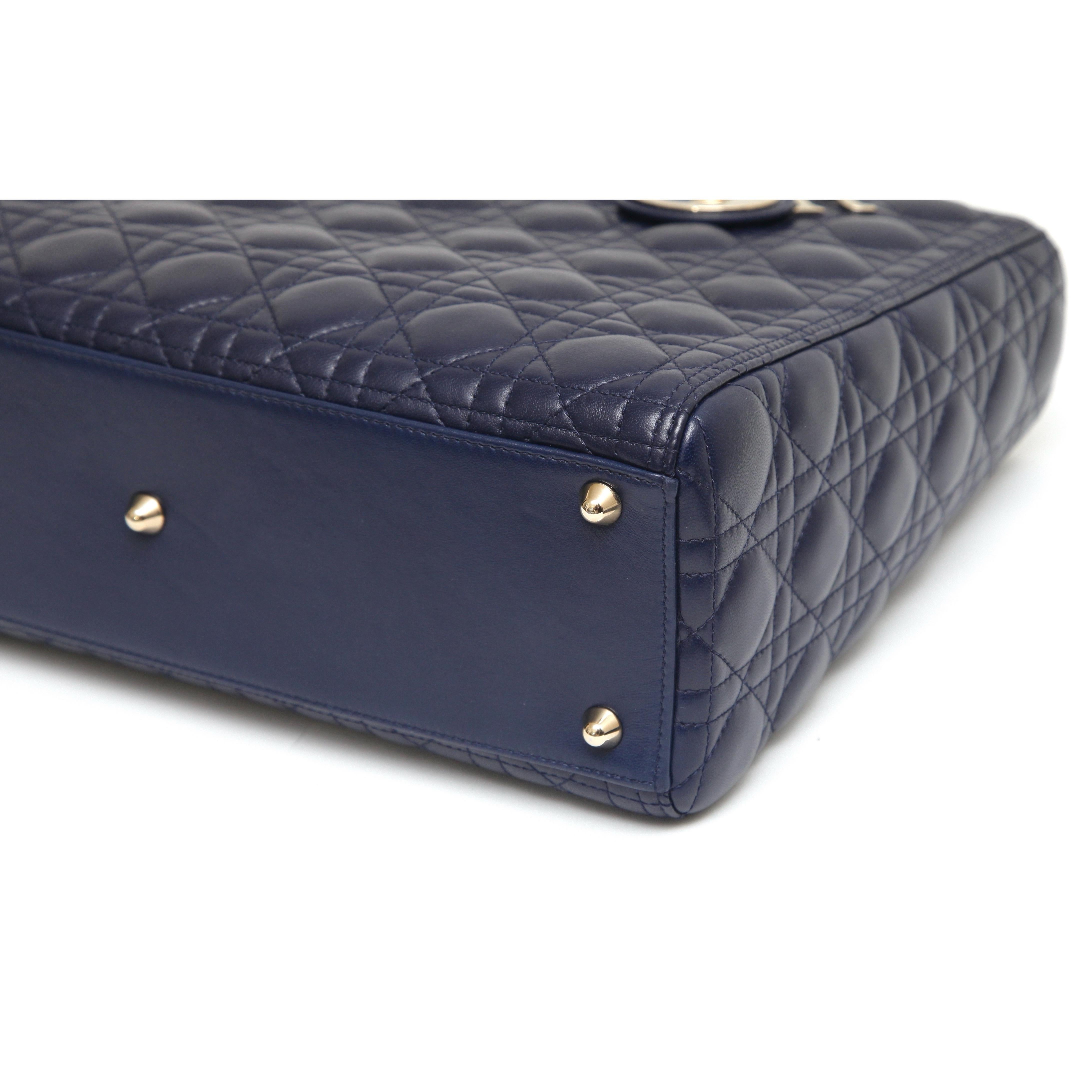 CHRISTIAN DIOR Navy Blue Cannage Large Lady Dior Gold Top Handles Shoulder Strap 1