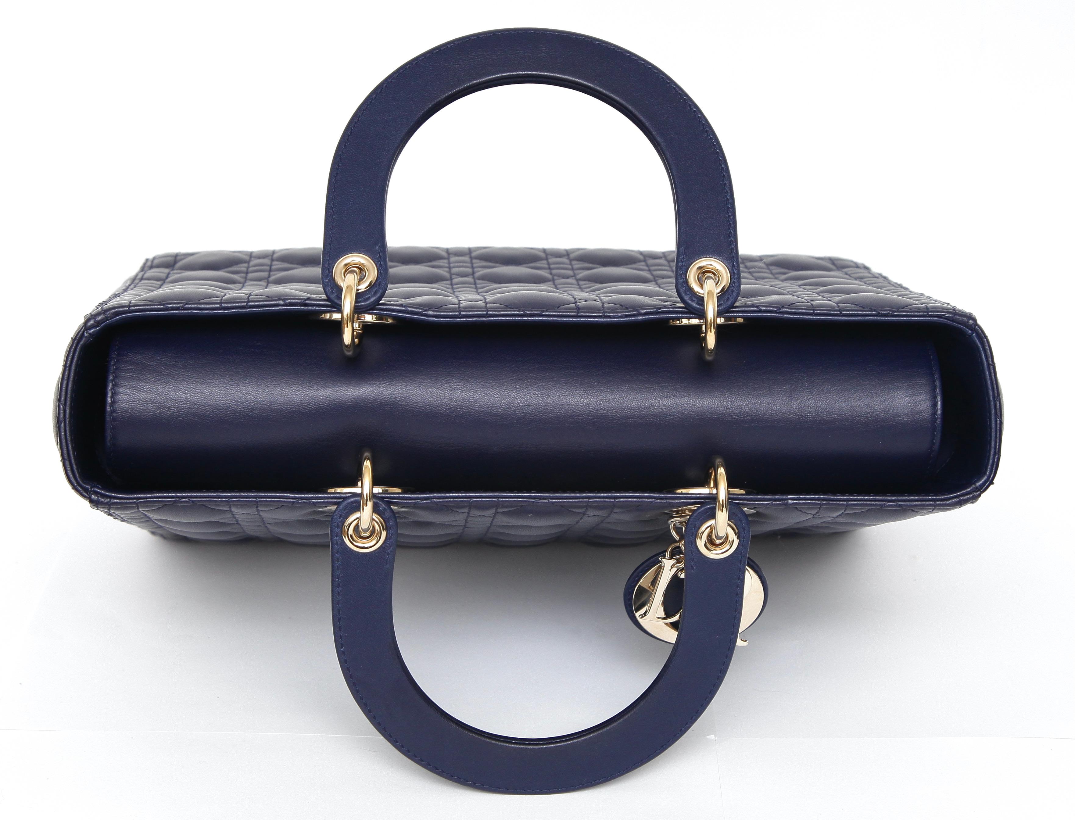 CHRISTIAN DIOR Navy Blue Cannage Large Lady Dior Gold Top Handles Shoulder Strap 2