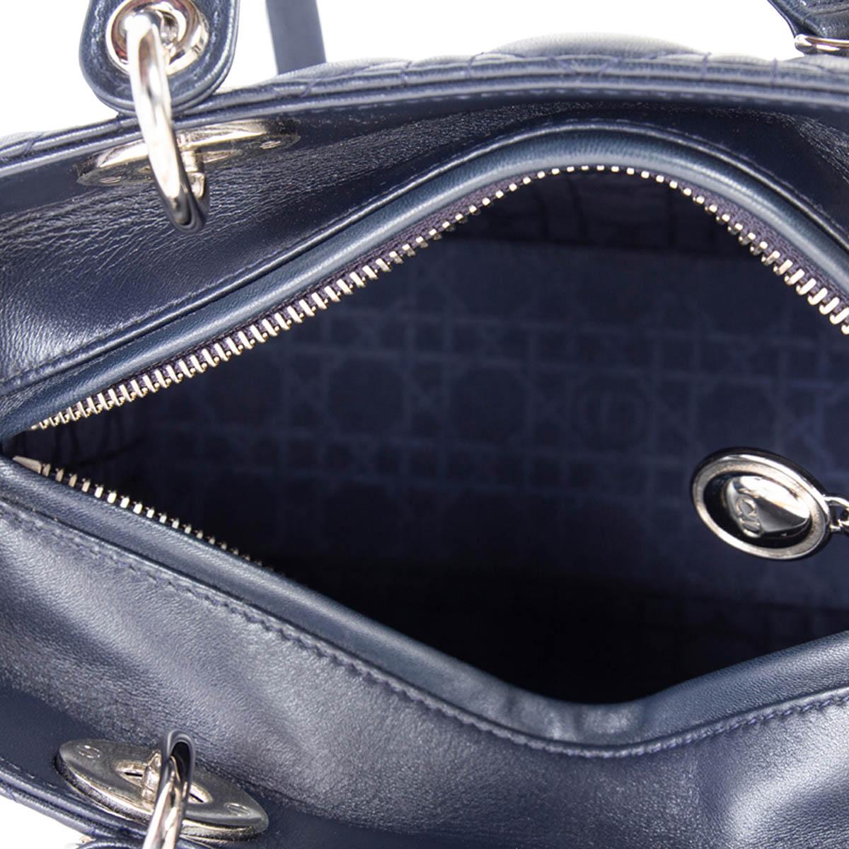 Women's CHRISTIAN DIOR navy blue CANNAGE leather LADY DIOR MEDIUM TOTE Bag