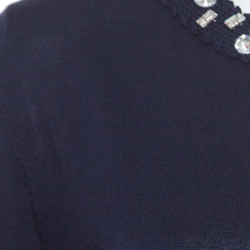 Black Christian Dior Navy Blue Cotton Silk Crystal Embellished Collar Sweater Top M