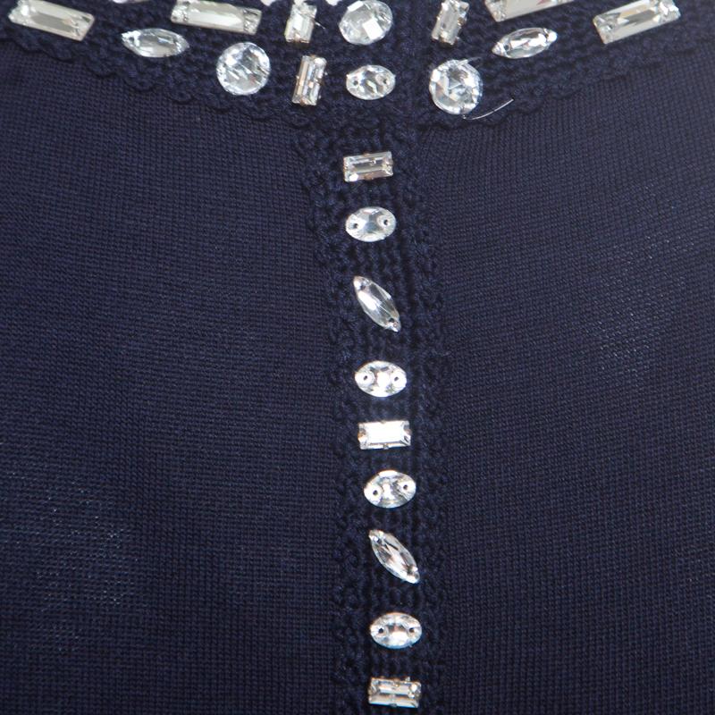 Christian Dior Navy Blue Cotton Silk Crystal Embellished Collar Sweater Top M In Good Condition In Dubai, Al Qouz 2