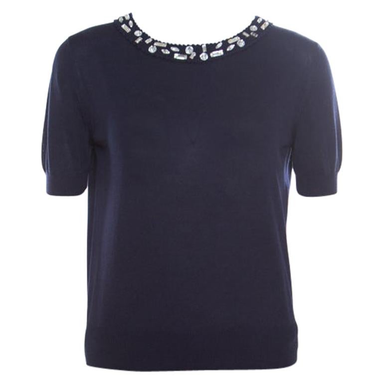 Christian Dior Navy Blue Cotton Silk Crystal Embellished Collar Sweater Top M
