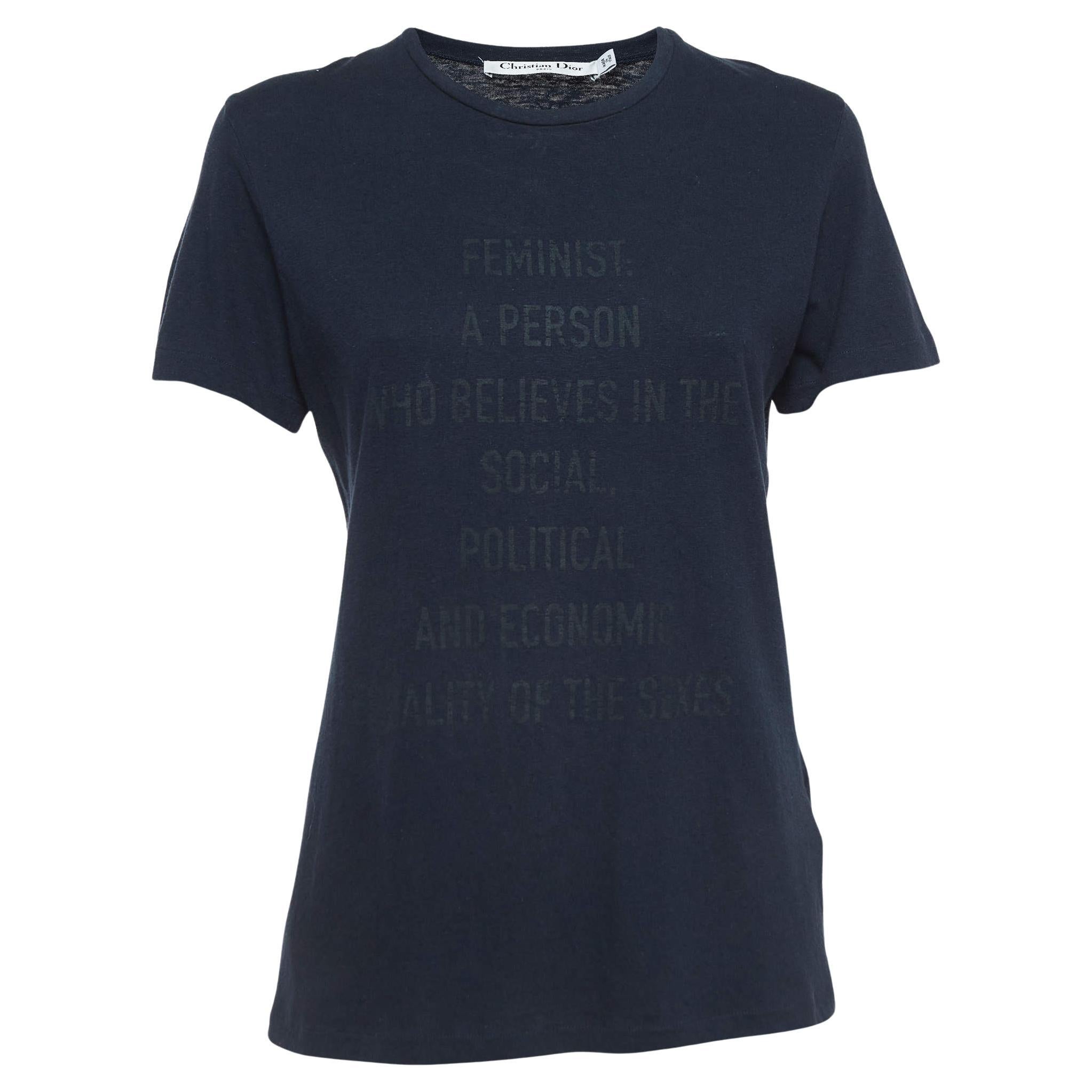 Christian Dior Navy Blue Feminist Print Cotton Blend Half Sleeve T-Shirt S For Sale