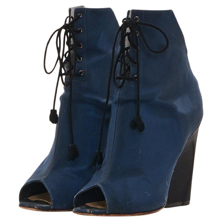 Christian Dior Navy Blue Lace Up Peep Toe Heel Ankle Boots For
