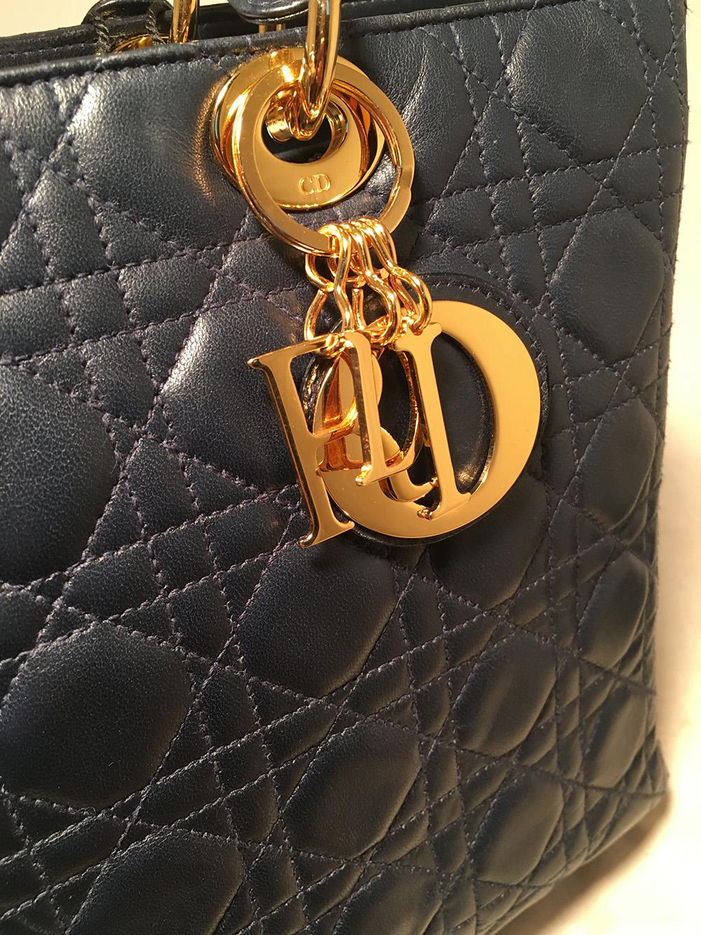 Christian Dior Navy Blue Leather Cannage Quilted Large Lady Dior Bag In Excellent Condition In Philadelphia, PA