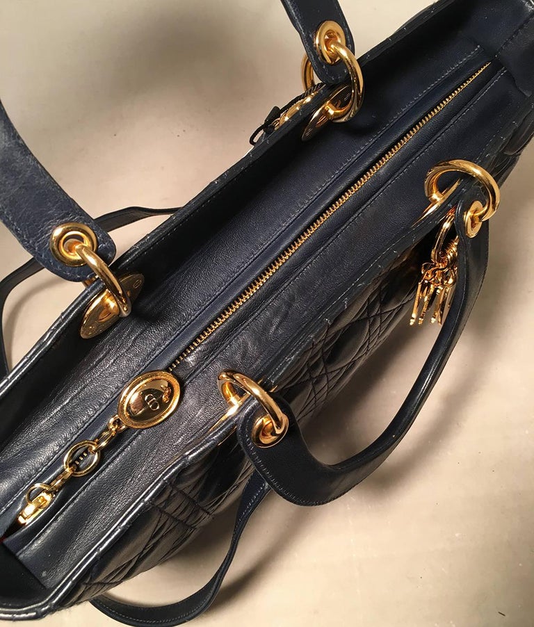Christian Dior Navy Blue Leather Cannage Quilted Large Lady Dior Bag ...
