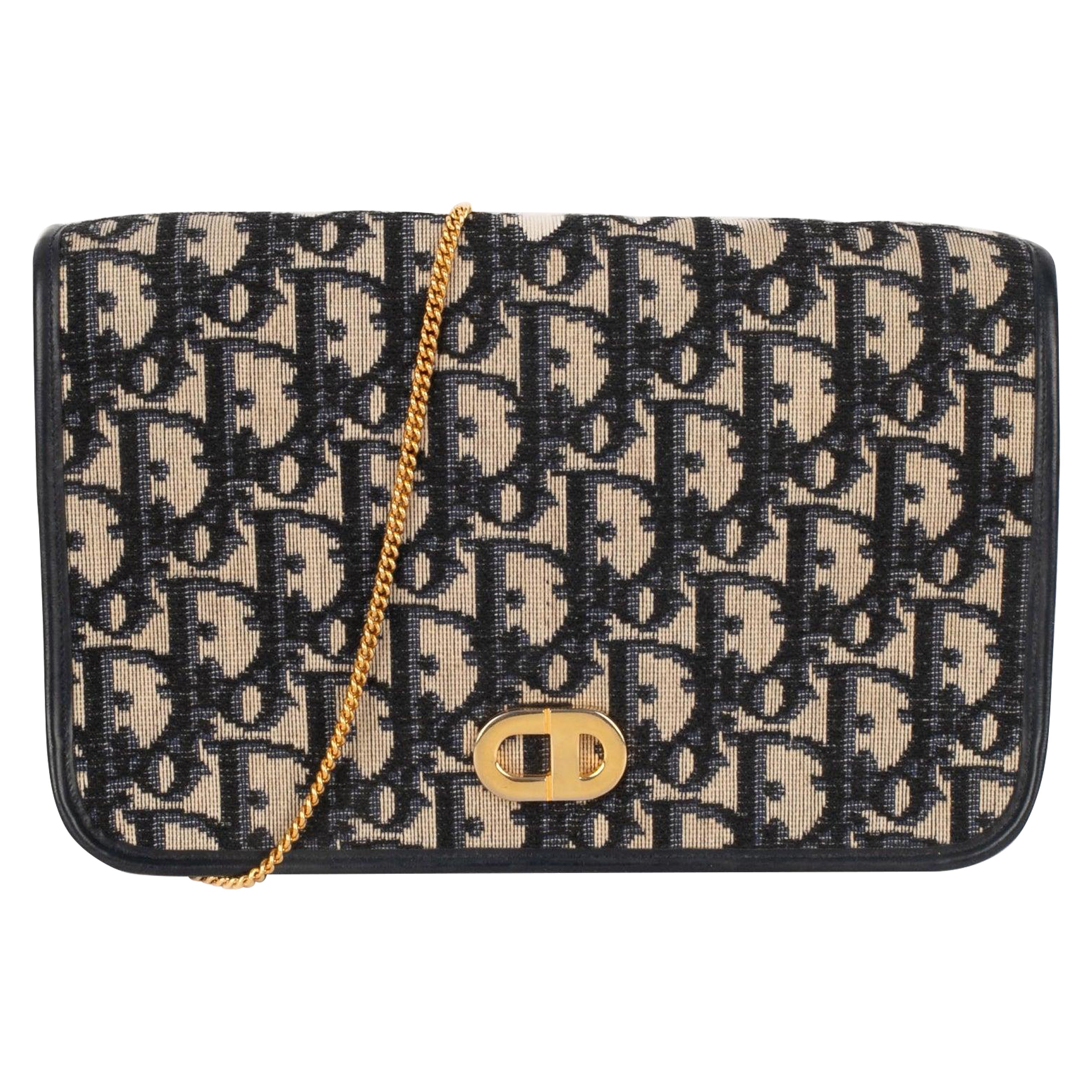 Christian Dior Navy-blue Leather Clutch and Monogrammed Canvas Bag