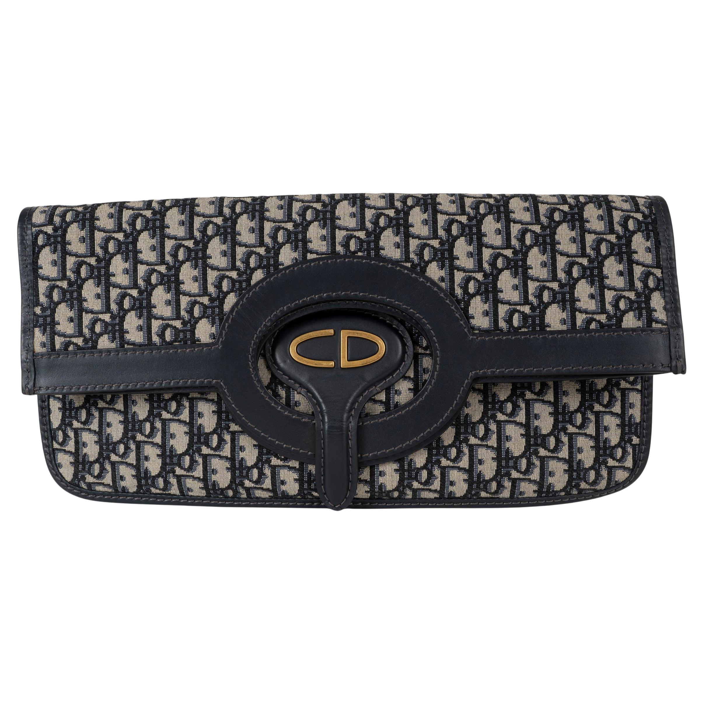 CHRISTIAN DIOR navy blue OBLIQUE CANVAS FOLD-OVER Clutch Tote Bag