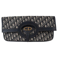 CHRISTIAN DIOR navy blue OBLIQUE CANVAS FOLD-OVER Clutch Tote Bag