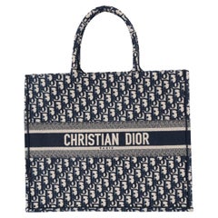 Used CHRISTIAN DIOR navy blue Oblique canvas LARGE BOOK TOTE Bag